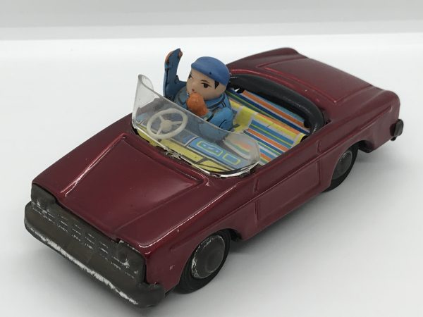 Vintage Tin Friction Red Convertible Toy Car with Driver MF-171 ~ 5.75" Made in China