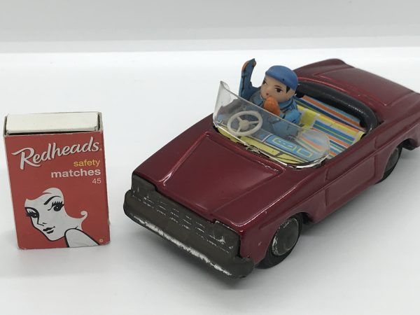 Vintage Tin Friction Red Convertible Toy Car with Driver MF-171 ~ 5.75" Made in China