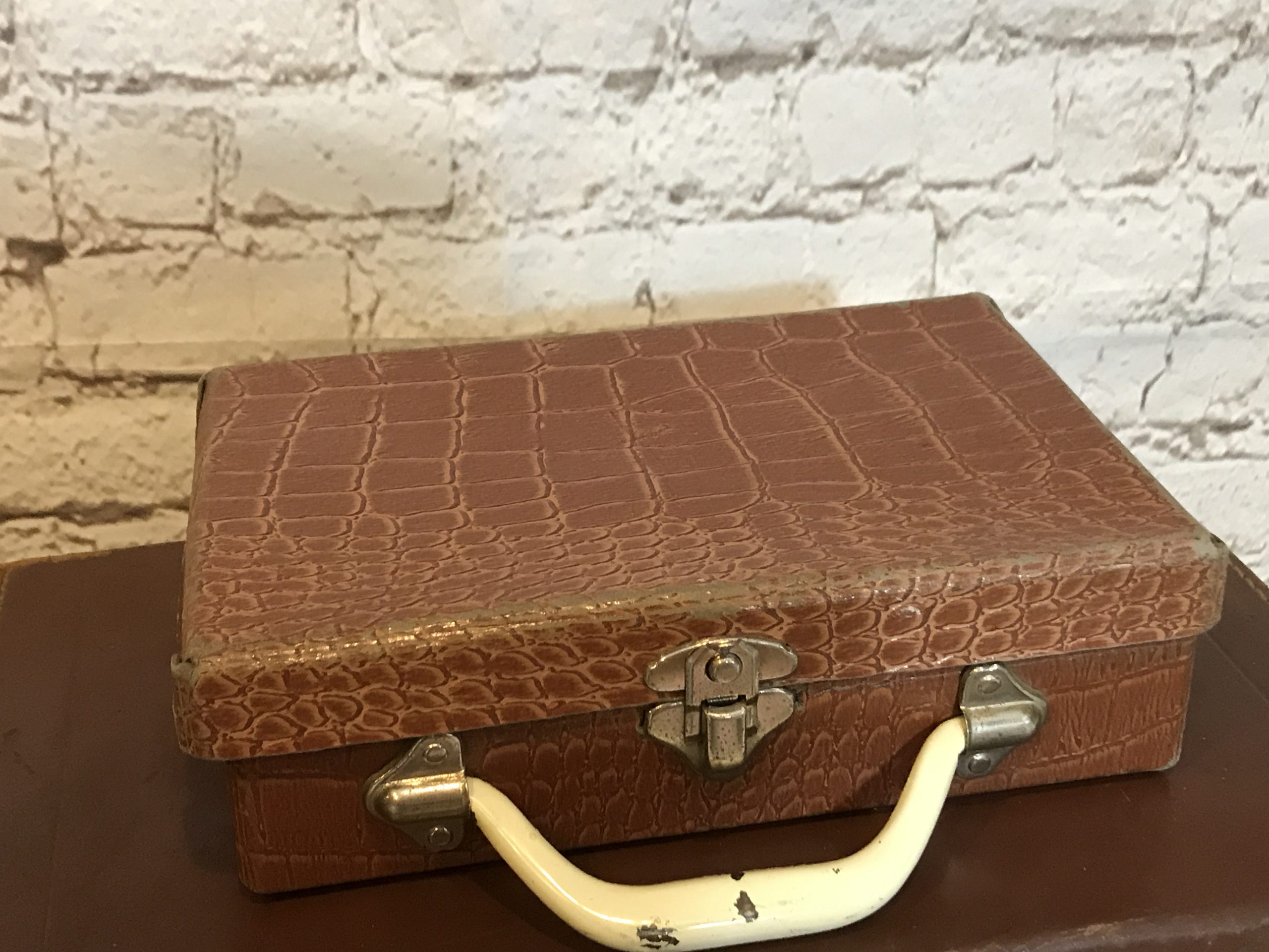 Vintage Suitcase Small Brown Cardboard Lunch Box / Childrens Case