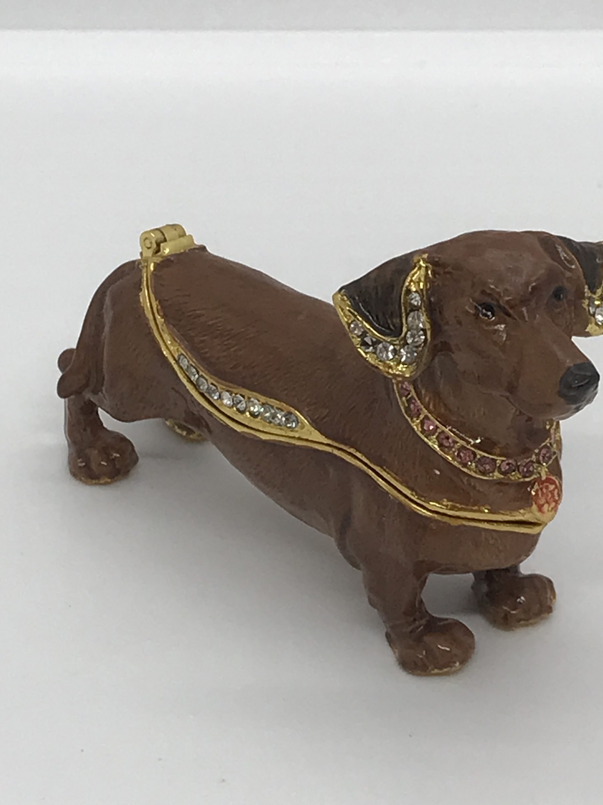Dachshund Sausage Dog Trinket Box Enameled Jeweled Magnetic Close Rhinestones - 5cm high x 8.5cm long