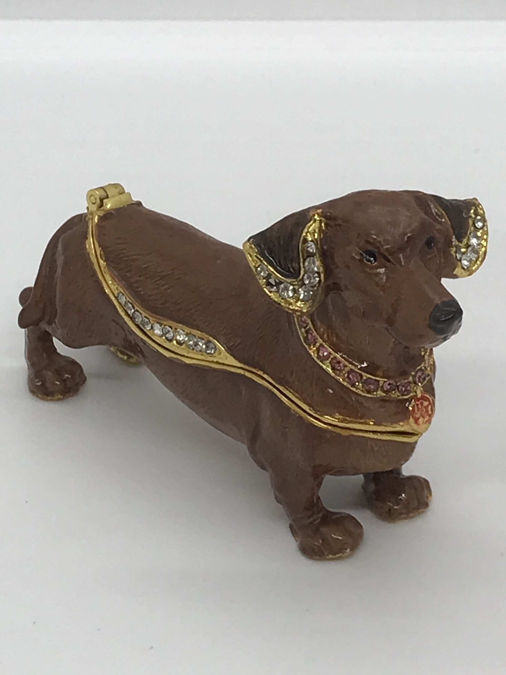Dachshund Sausage Dog Trinket Box Enameled Jeweled Magnetic Close Rhinestones - 5cm high x 8.5cm long
