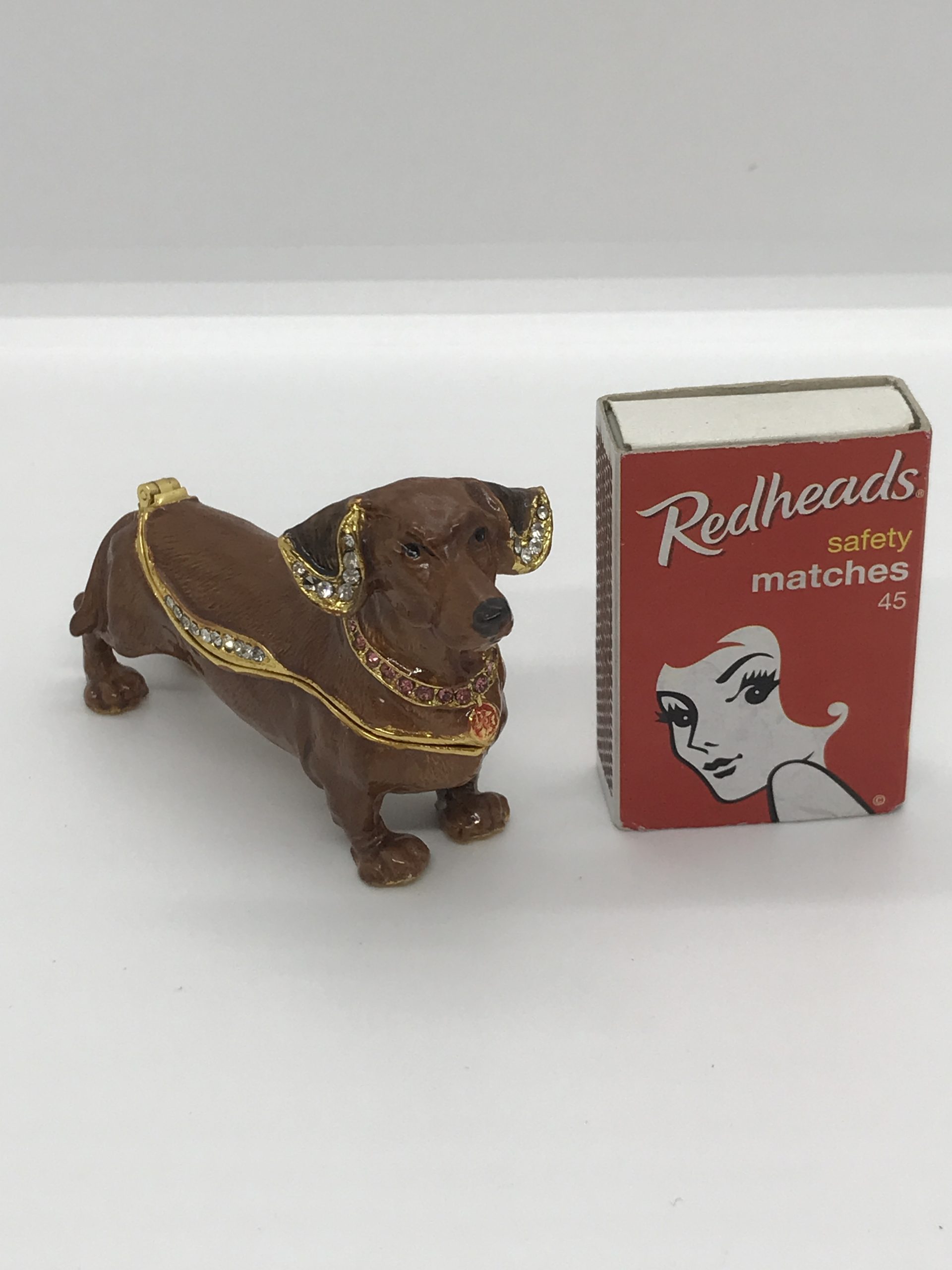 Dachshund Sausage Dog Trinket Box Enameled Jeweled Magnetic Close Rhinestones - 5cm high x 8.5cm long