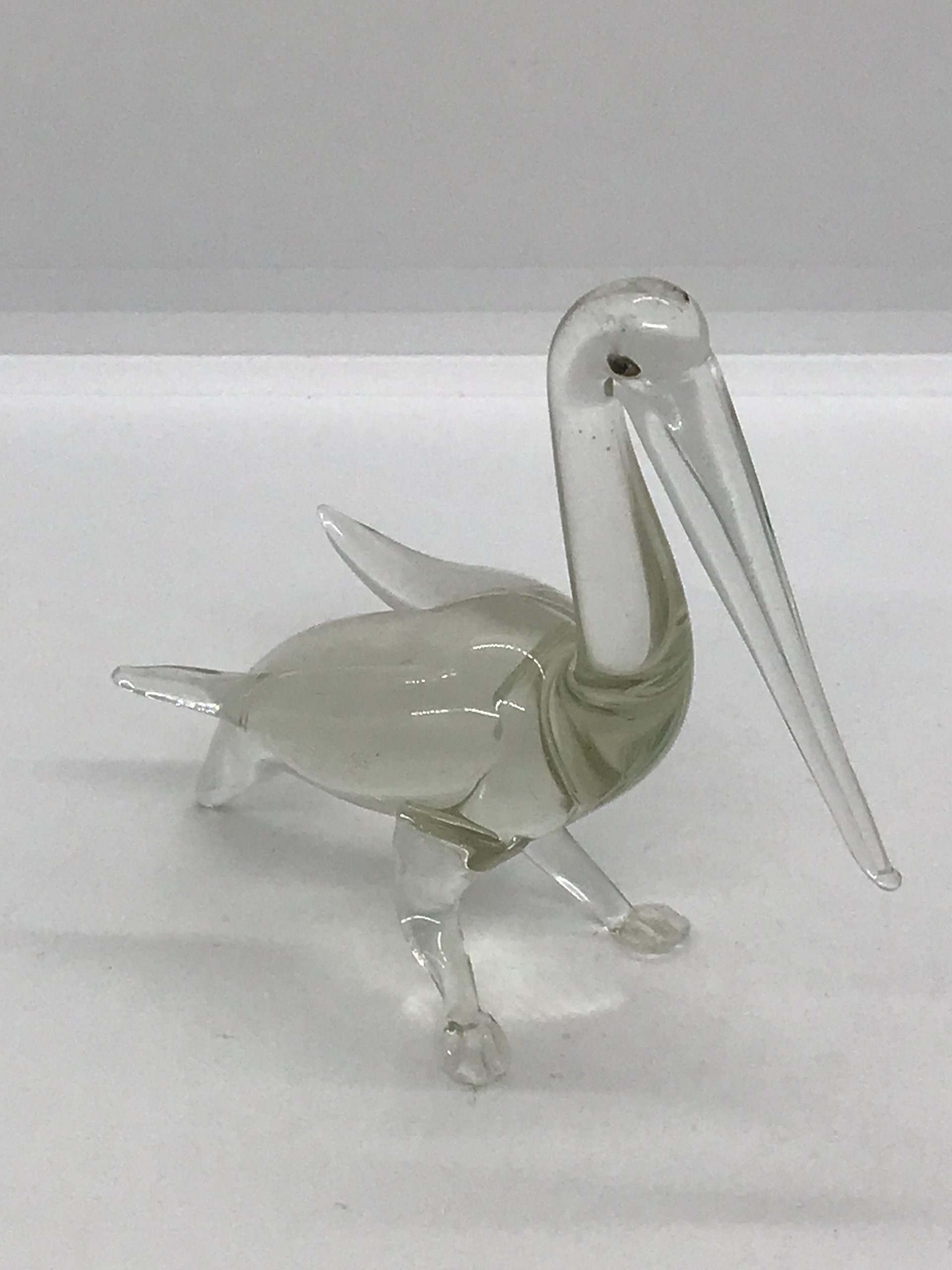 Vintage Murano style Lampwork Art Glass Colourless Pelican with Black Dot Eyes 11cm high