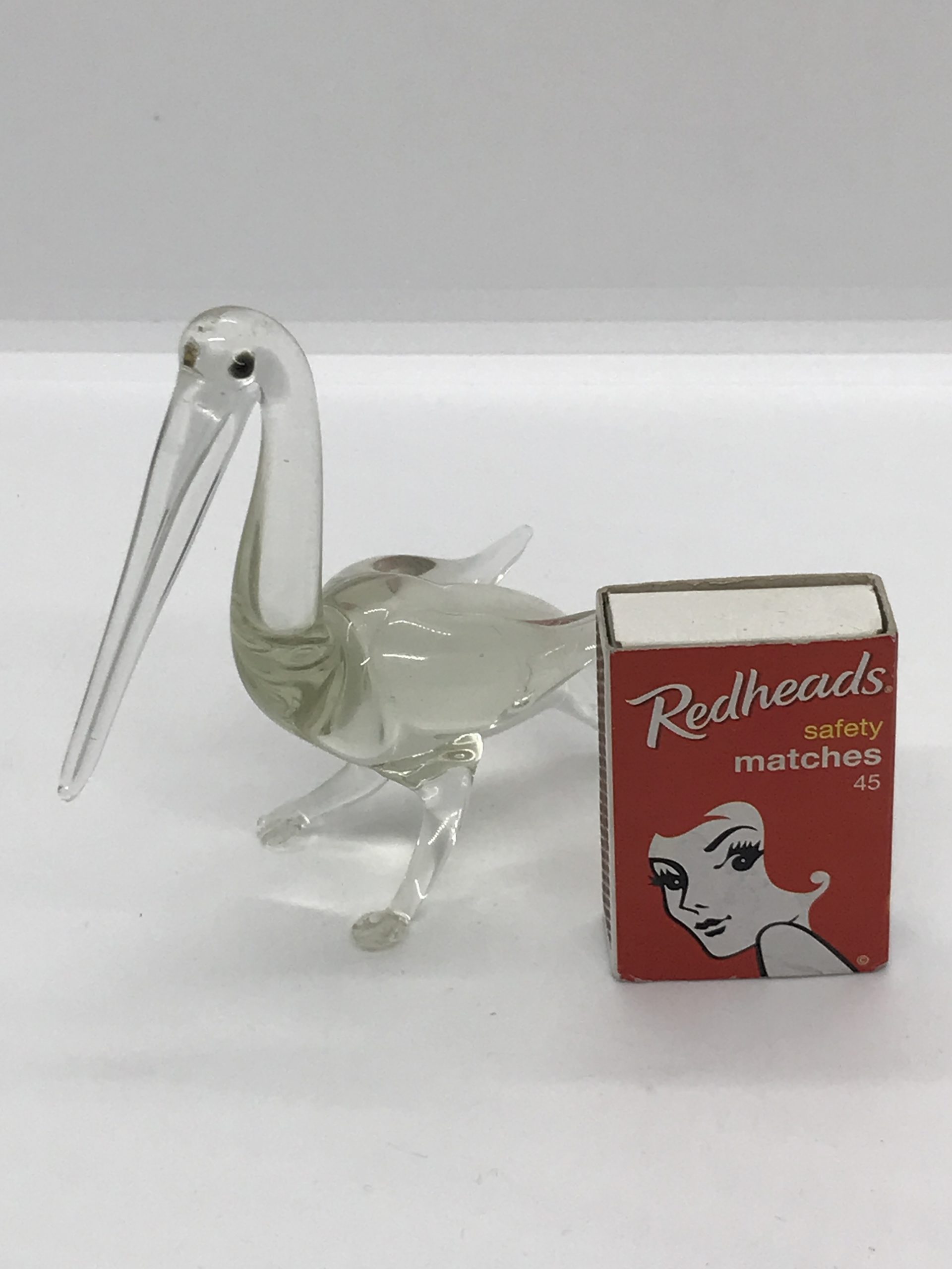 Vintage Murano style Lampwork Art Glass Colourless Pelican with Black Dot Eyes 11cm high