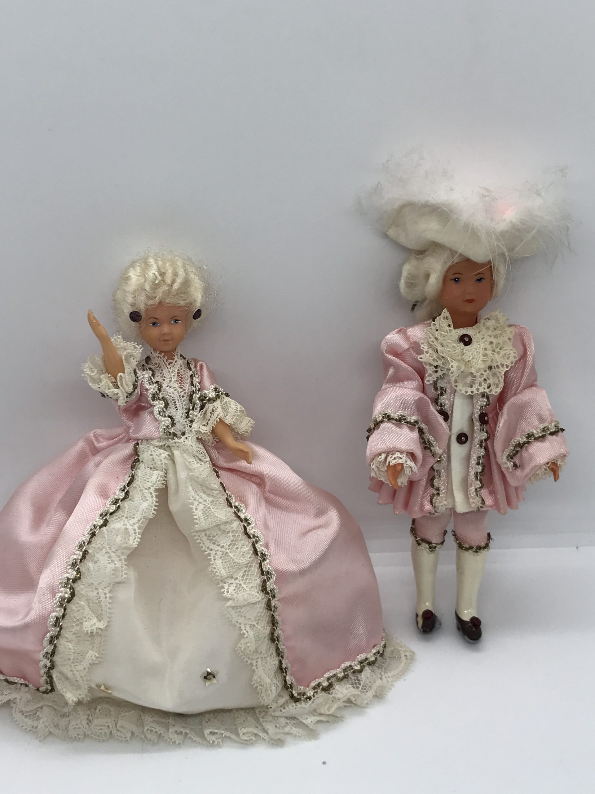 Pair of Plastic Dolls with Handmade Pink Outfits (approx 15cm high)