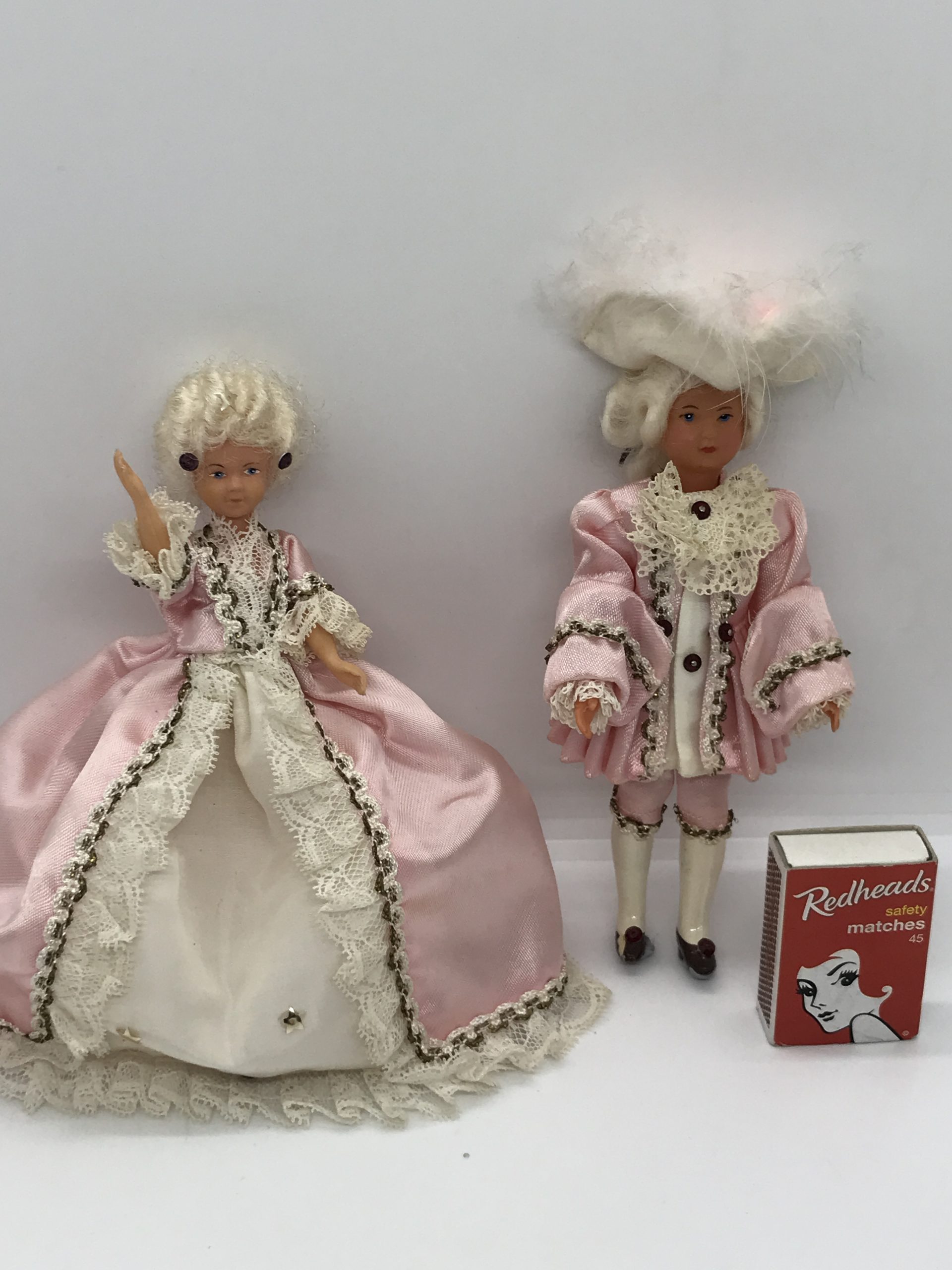 Pair of Plastic Dolls with Handmade Pink Outfits (approx 15cm high)