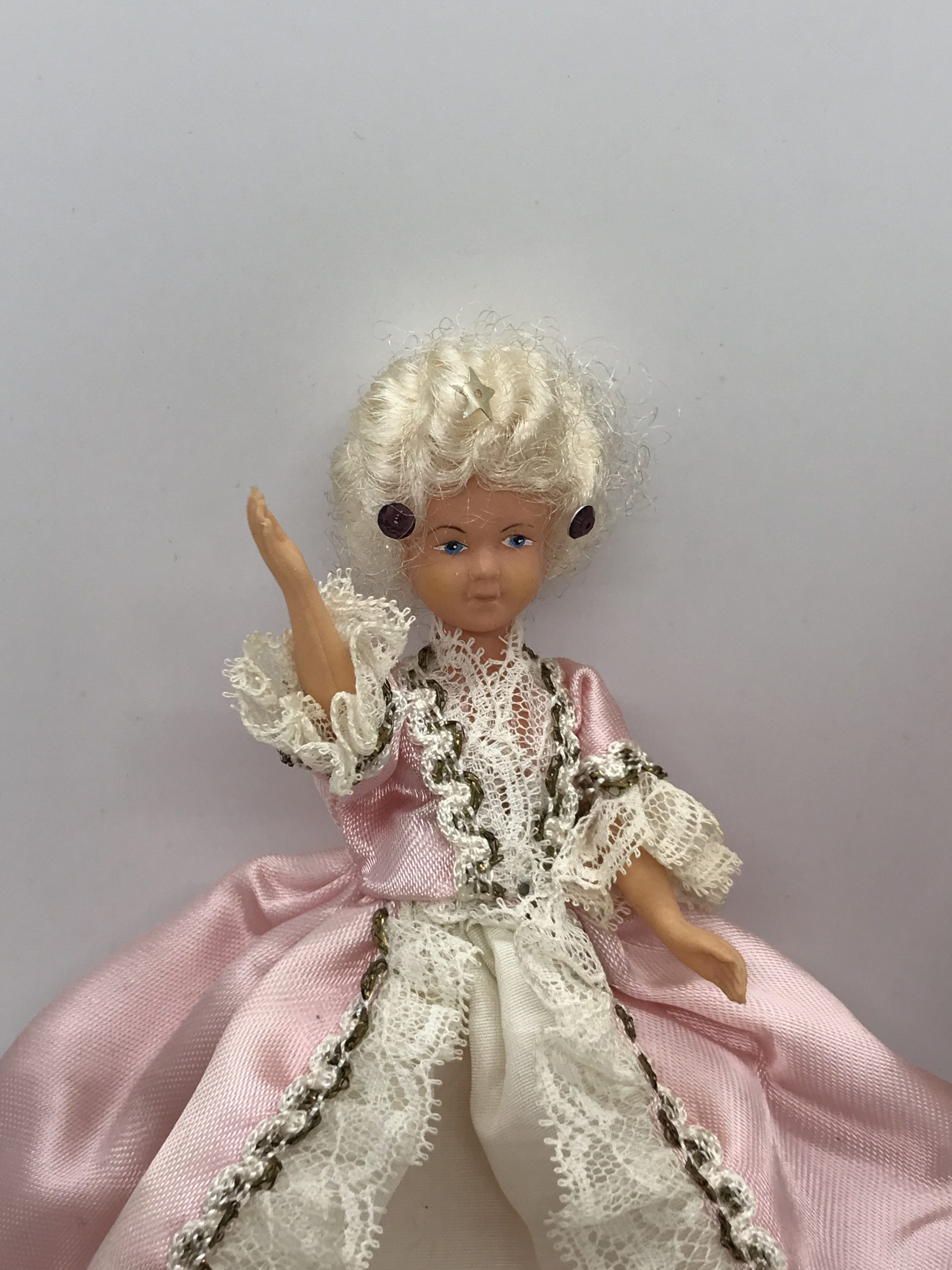 Pair of Plastic Dolls with Handmade Pink Outfits (approx 15cm high)