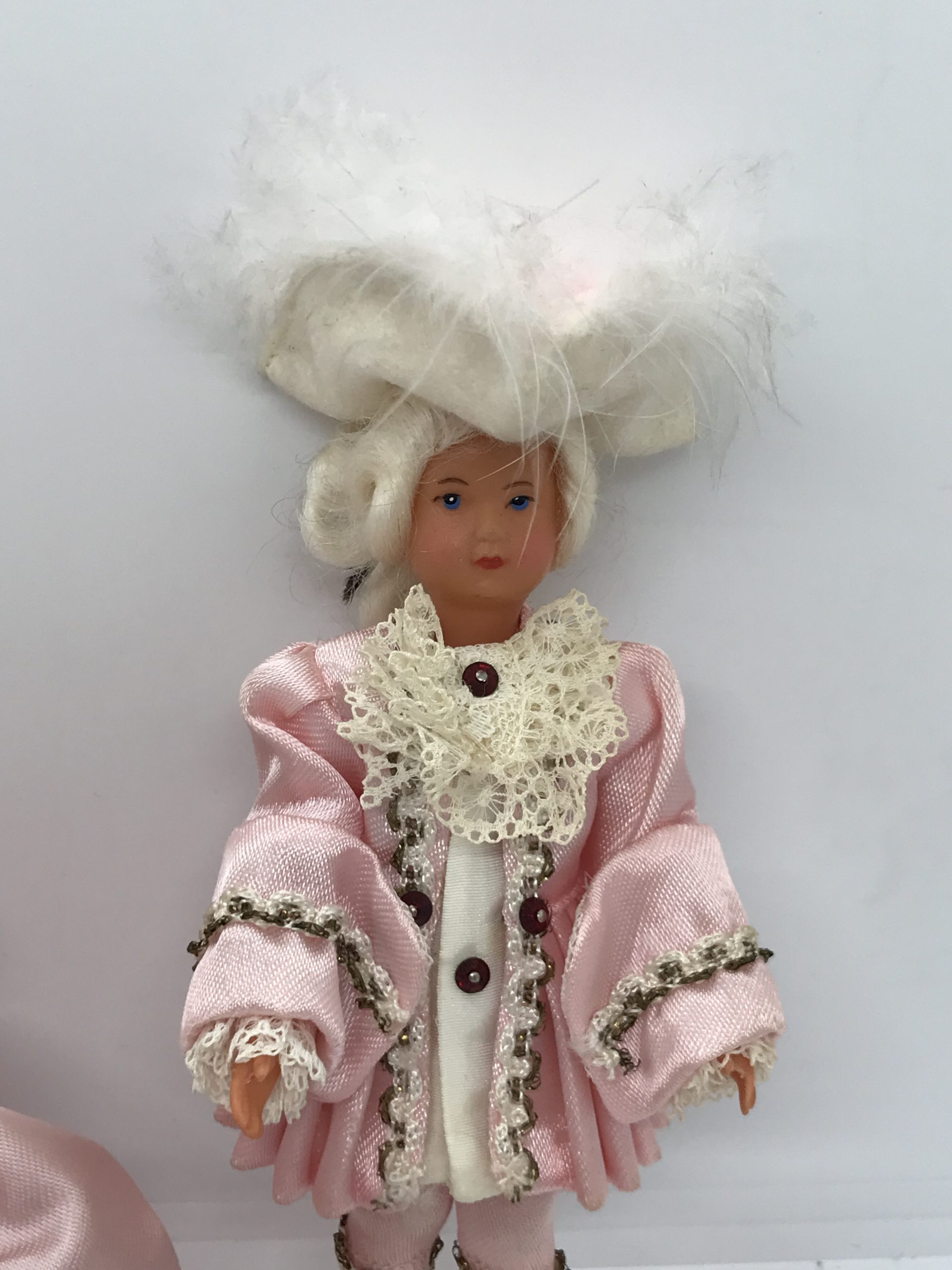 Pair of Plastic Dolls with Handmade Pink Outfits (approx 15cm high)
