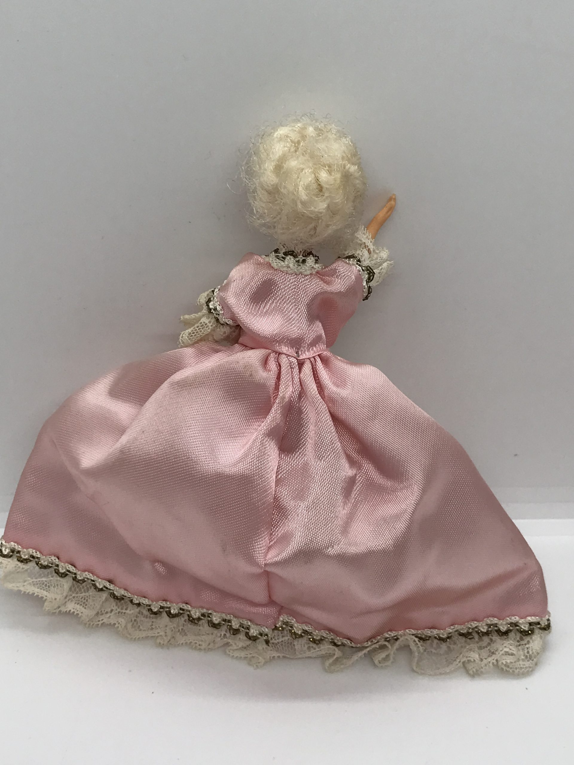 Pair of Plastic Dolls with Handmade Pink Outfits (approx 15cm high)