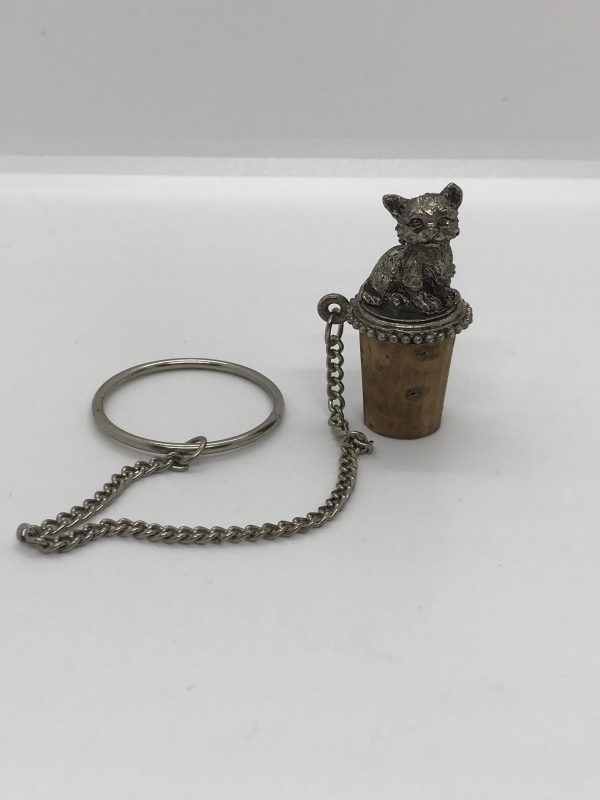 Vintage Pewter Cat Wine Bottle Stopper Design With Ring & Chain
