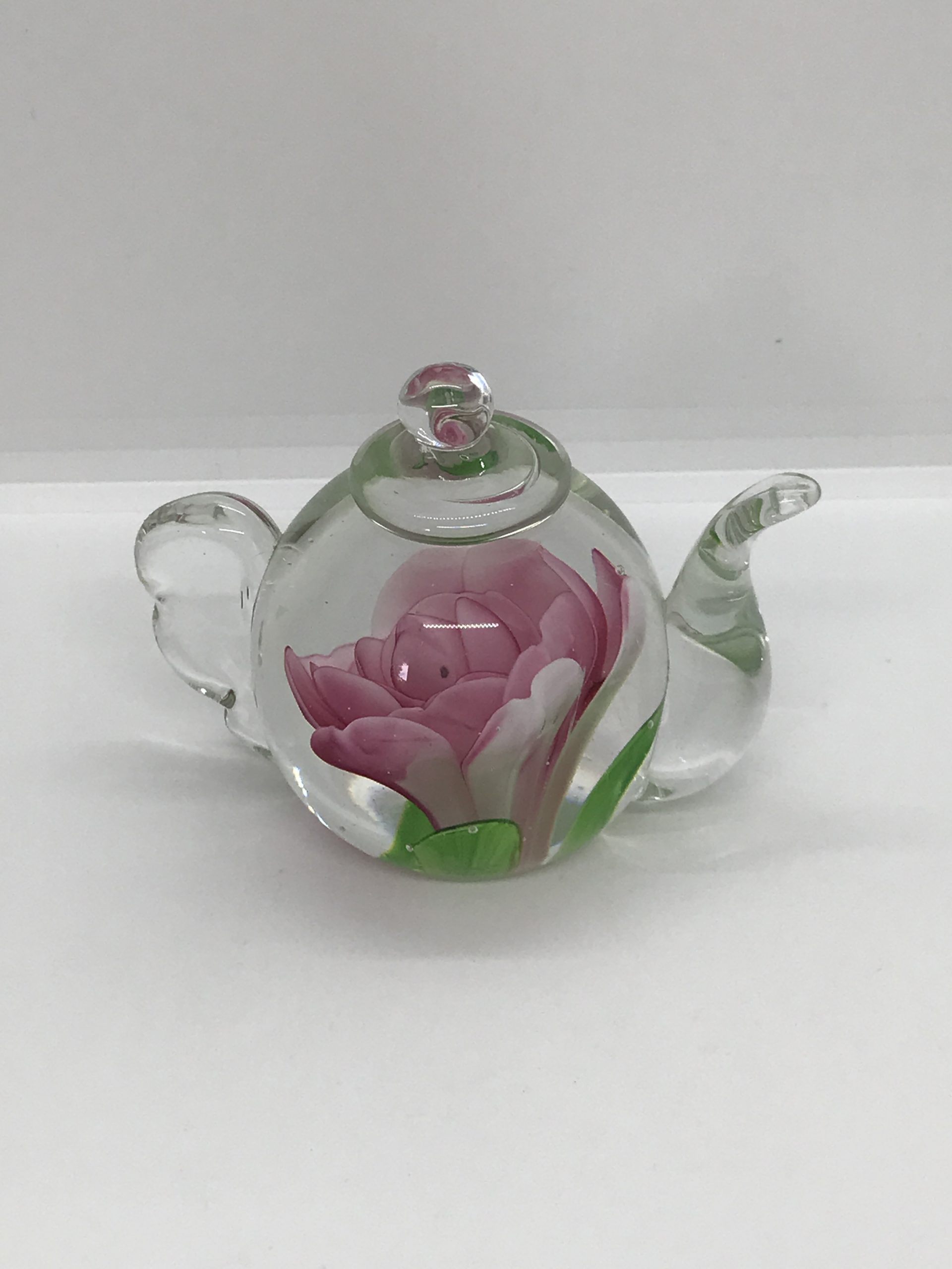 Art Glass Teapot with Rose inside Paperweight Vintage Keepsakes