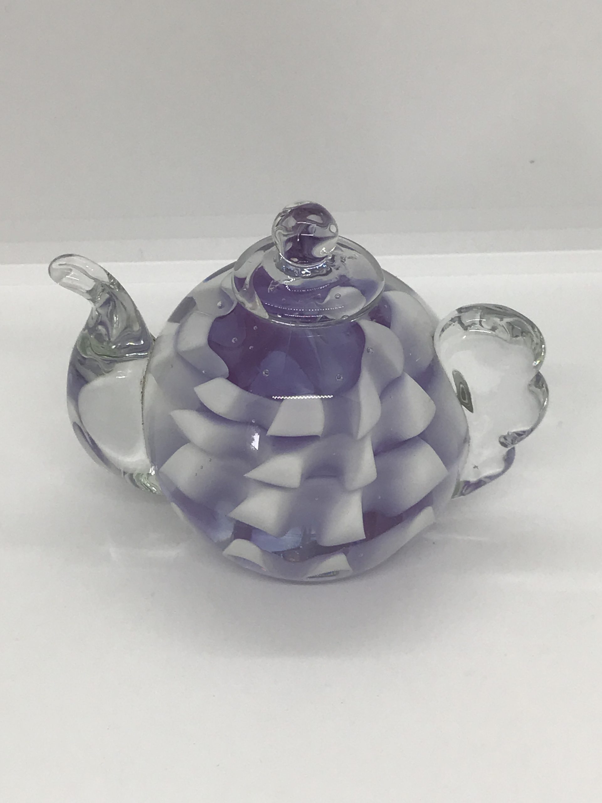 Art Glass Teapot with White Ribbon inside Paperweight Vintage Keepsakes