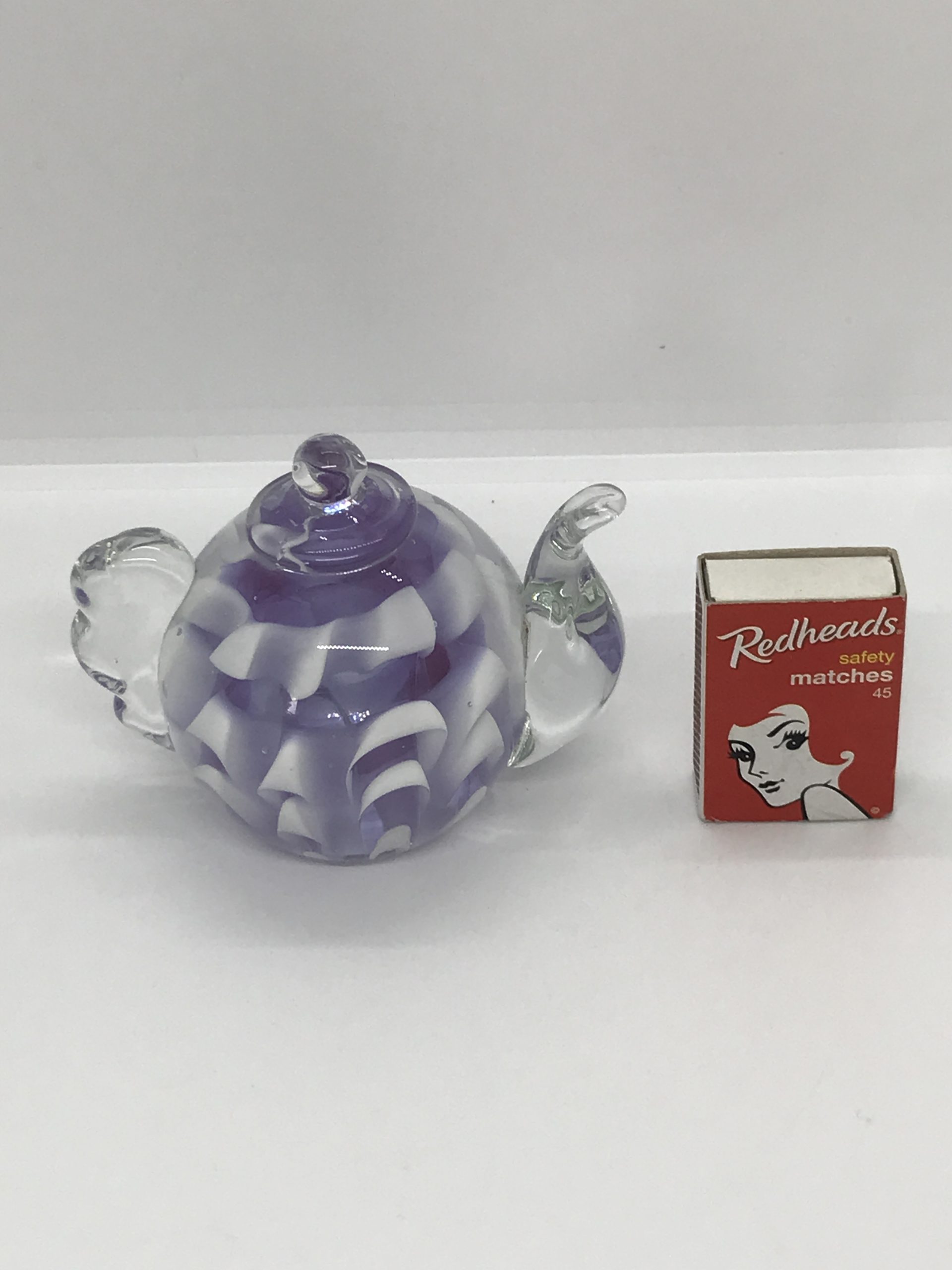 Art Glass Teapot with White Ribbon inside Paperweight 8cm high approx