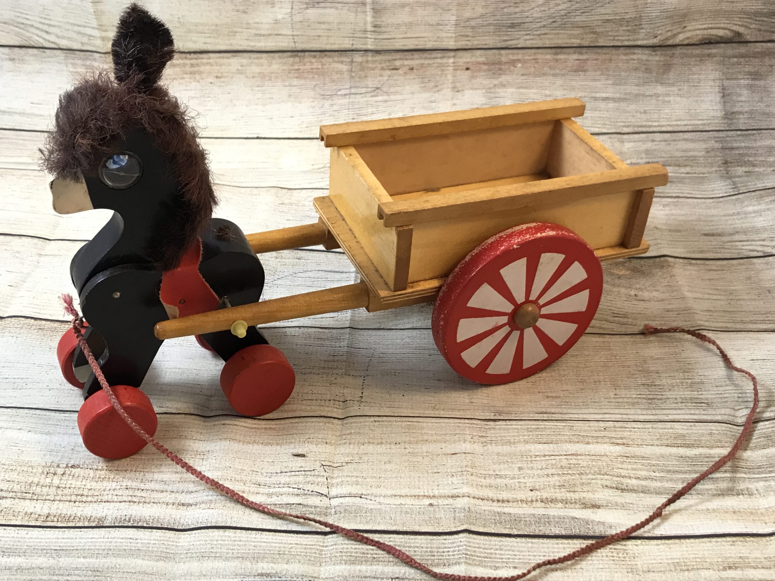 Vintage Chinese Wooden Donkey and his Cart - Pull A Long Toy - 28cm long