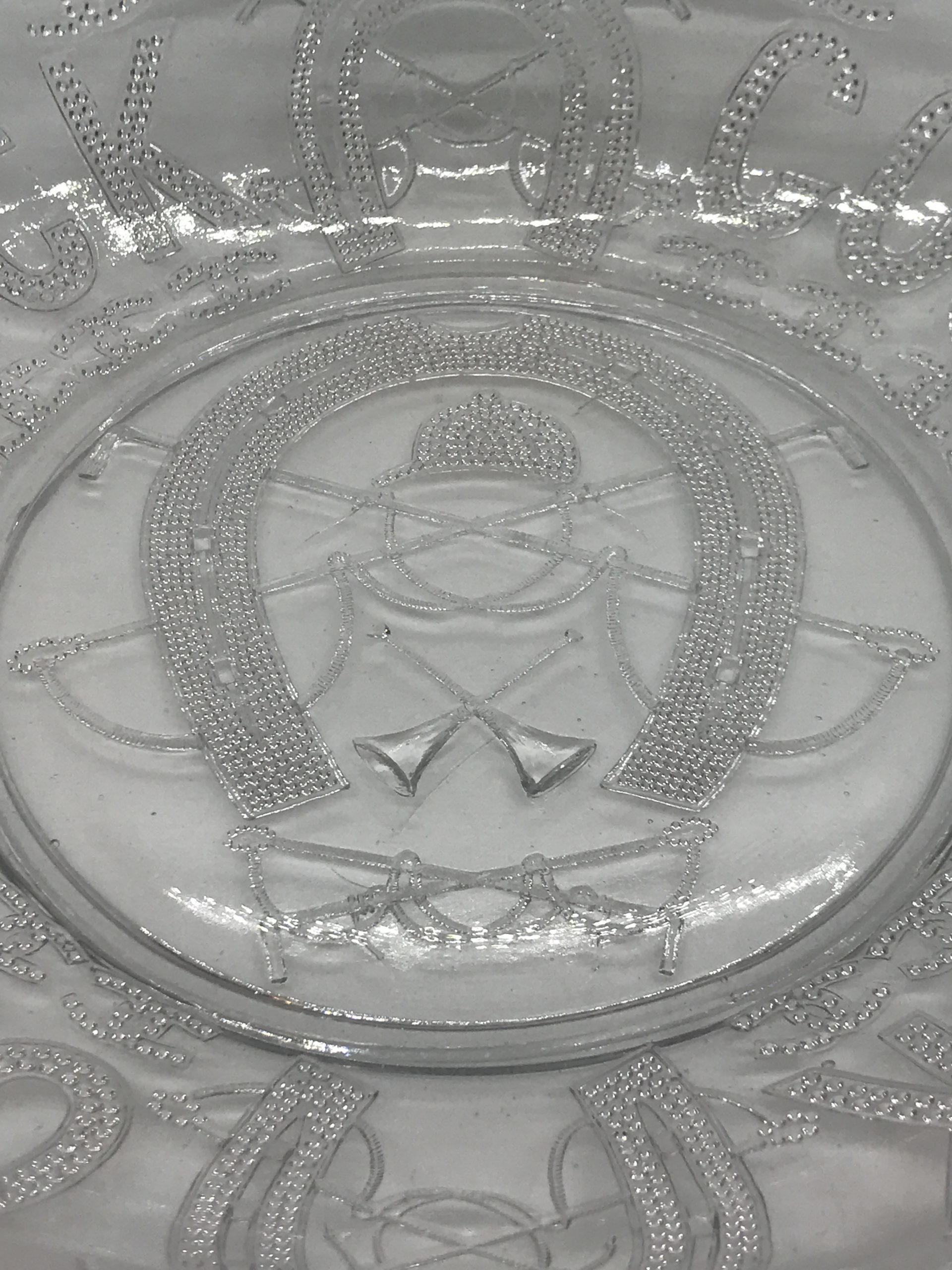 Vintage Horseshoe Good Luck Clear Glass Plate - 24cm (moulded with horseshoes, racing paraphernalia and GOOD LUCK)