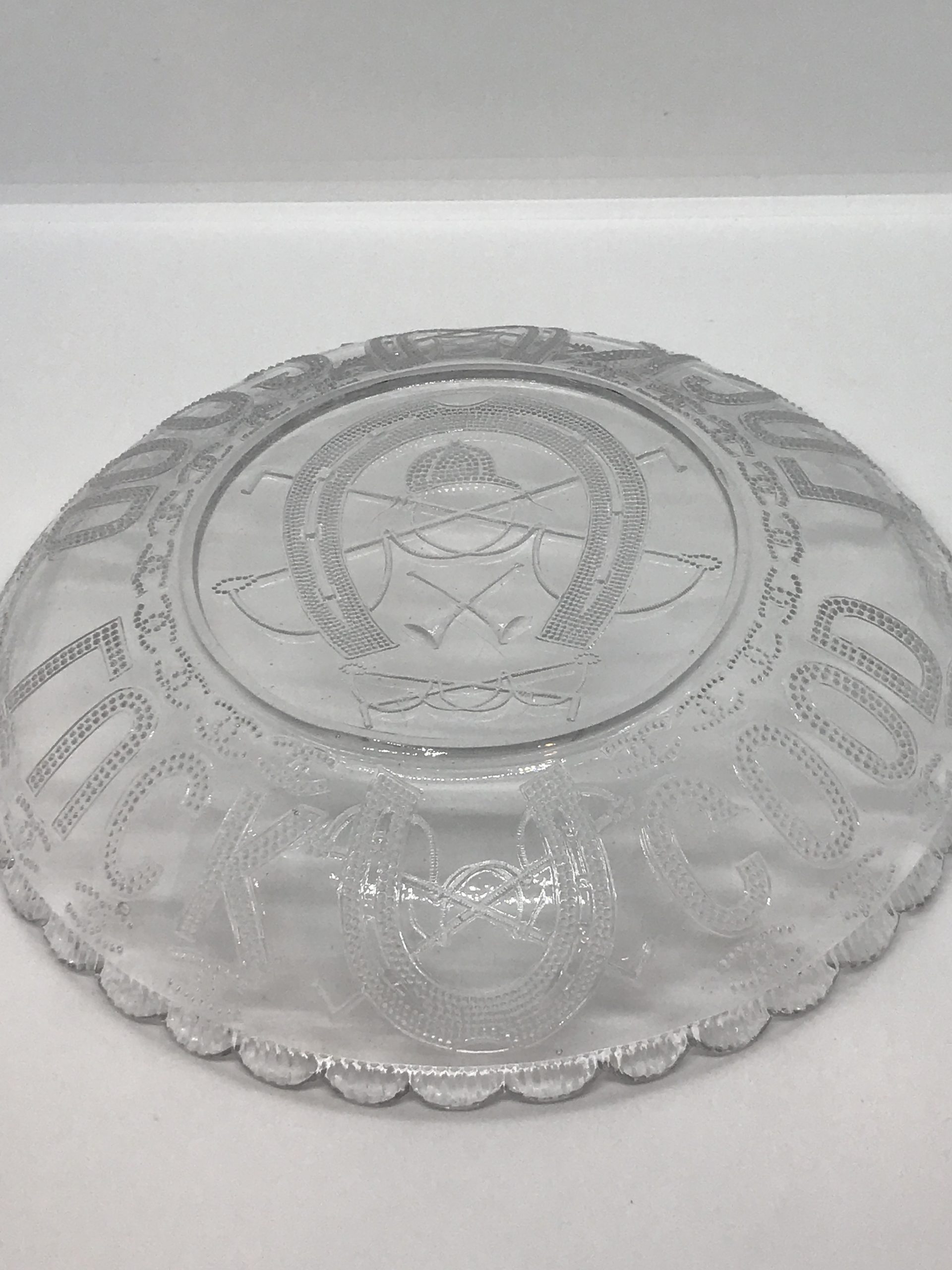 Vintage Horseshoe Good Luck Clear Glass Plate - 24cm (moulded with horseshoes, racing paraphernalia and GOOD LUCK)