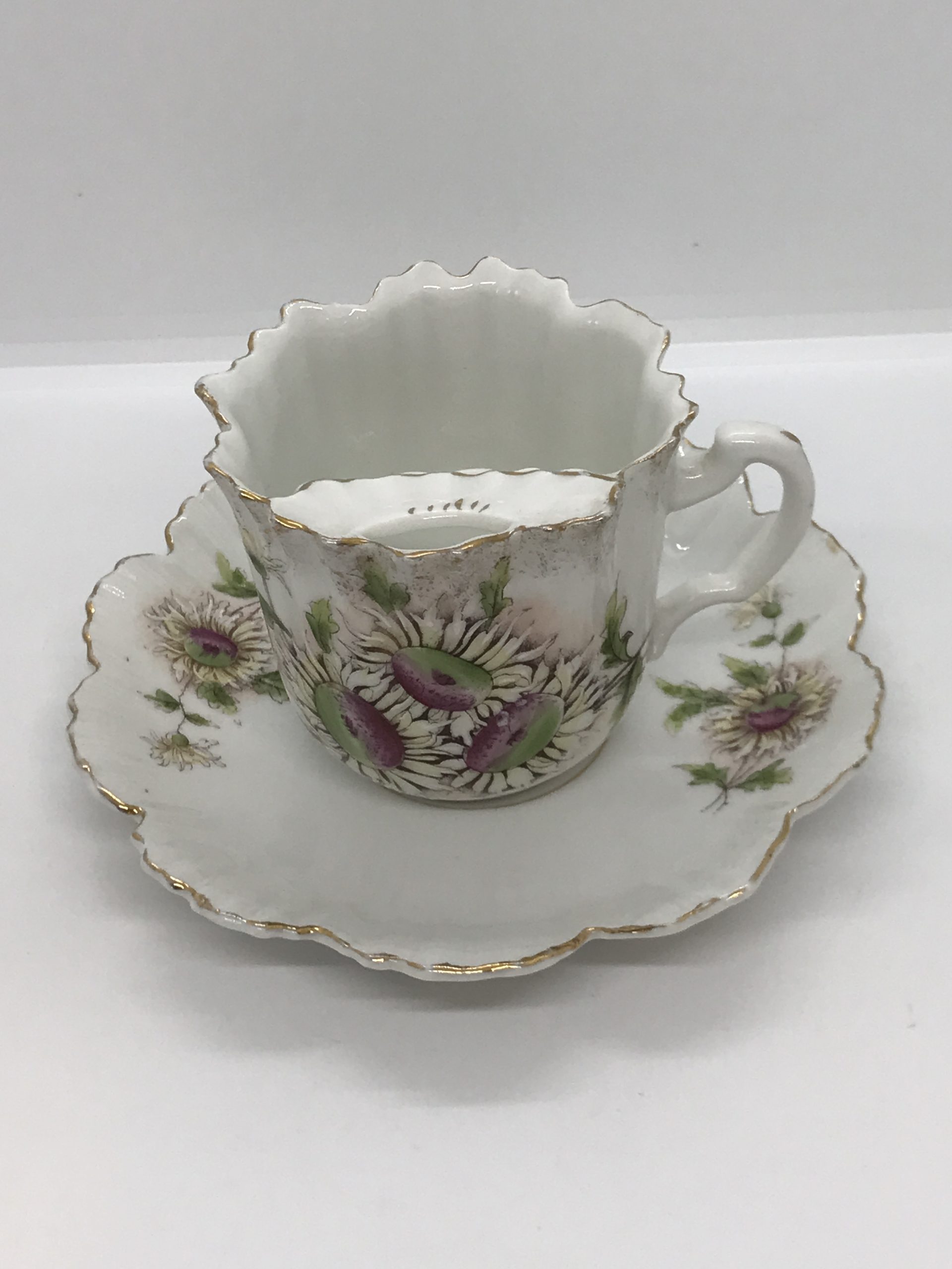 Moustache Cup and Saucer - Floral Pattern scalloped edge
