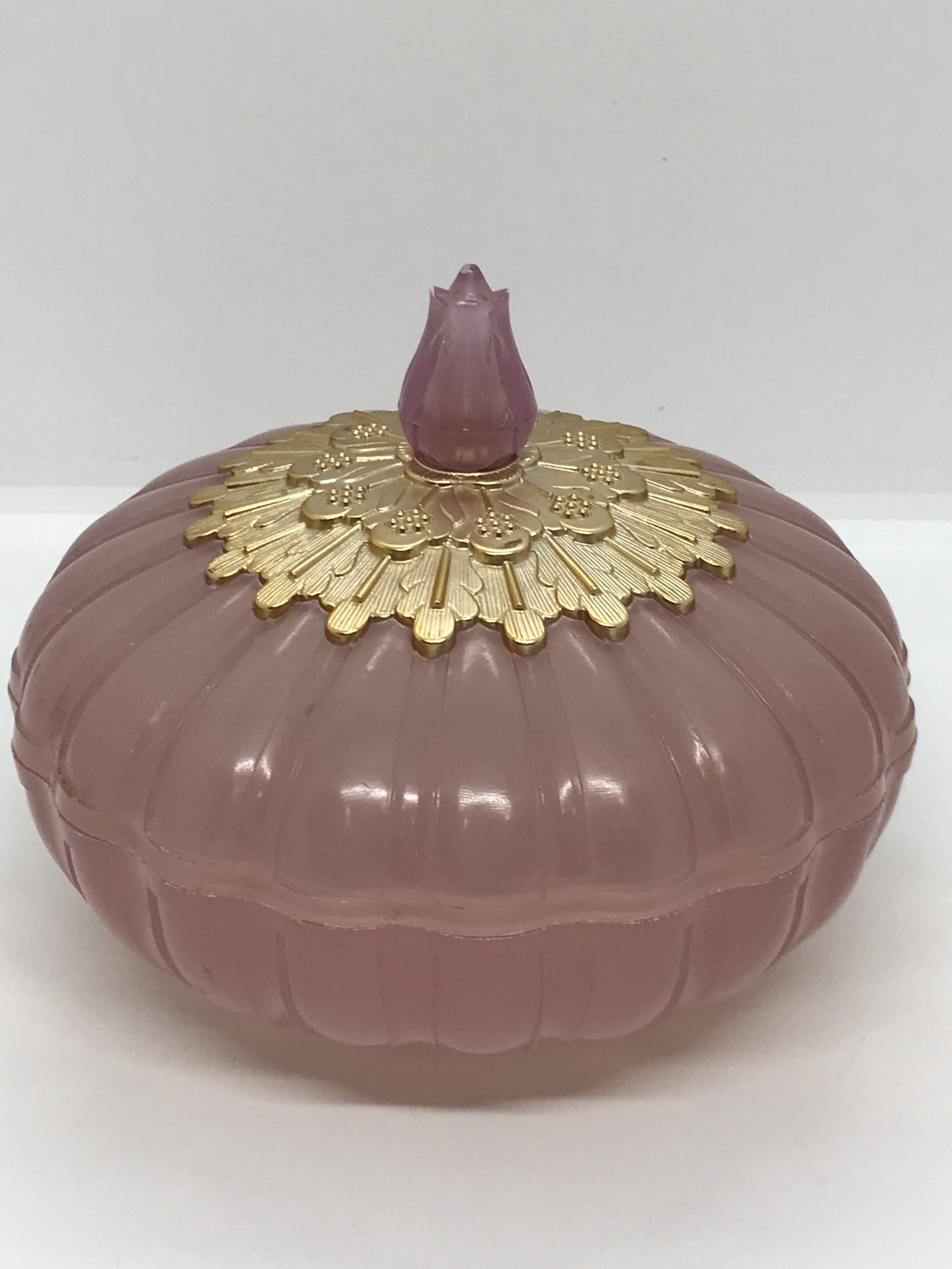 Vintage Avon Powder Pot Pink Plastic Ornate with Gold Highlight on Lid