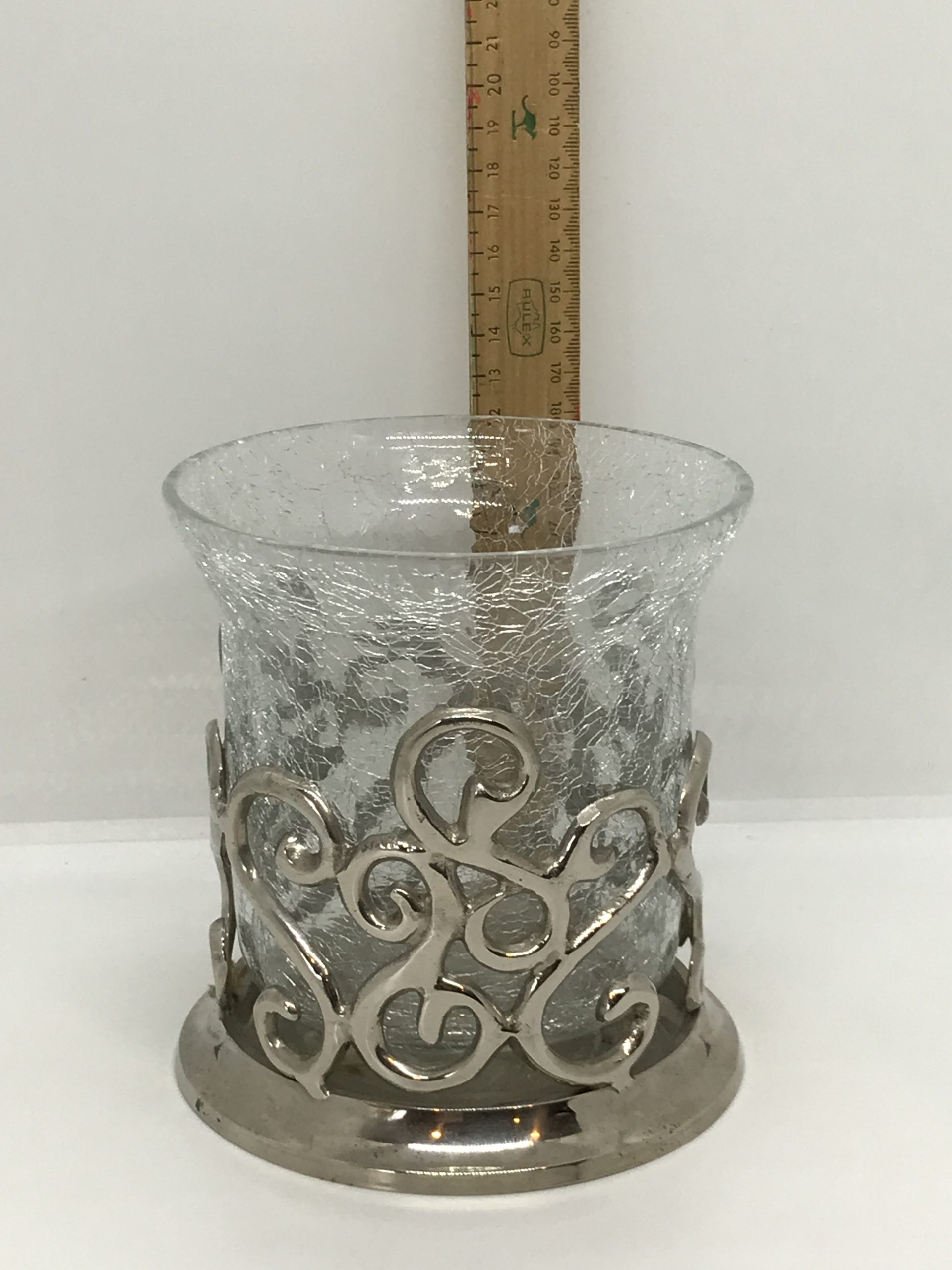 Flair Design Crackle Glass Hurricane Candle Holder in Silver Stand
