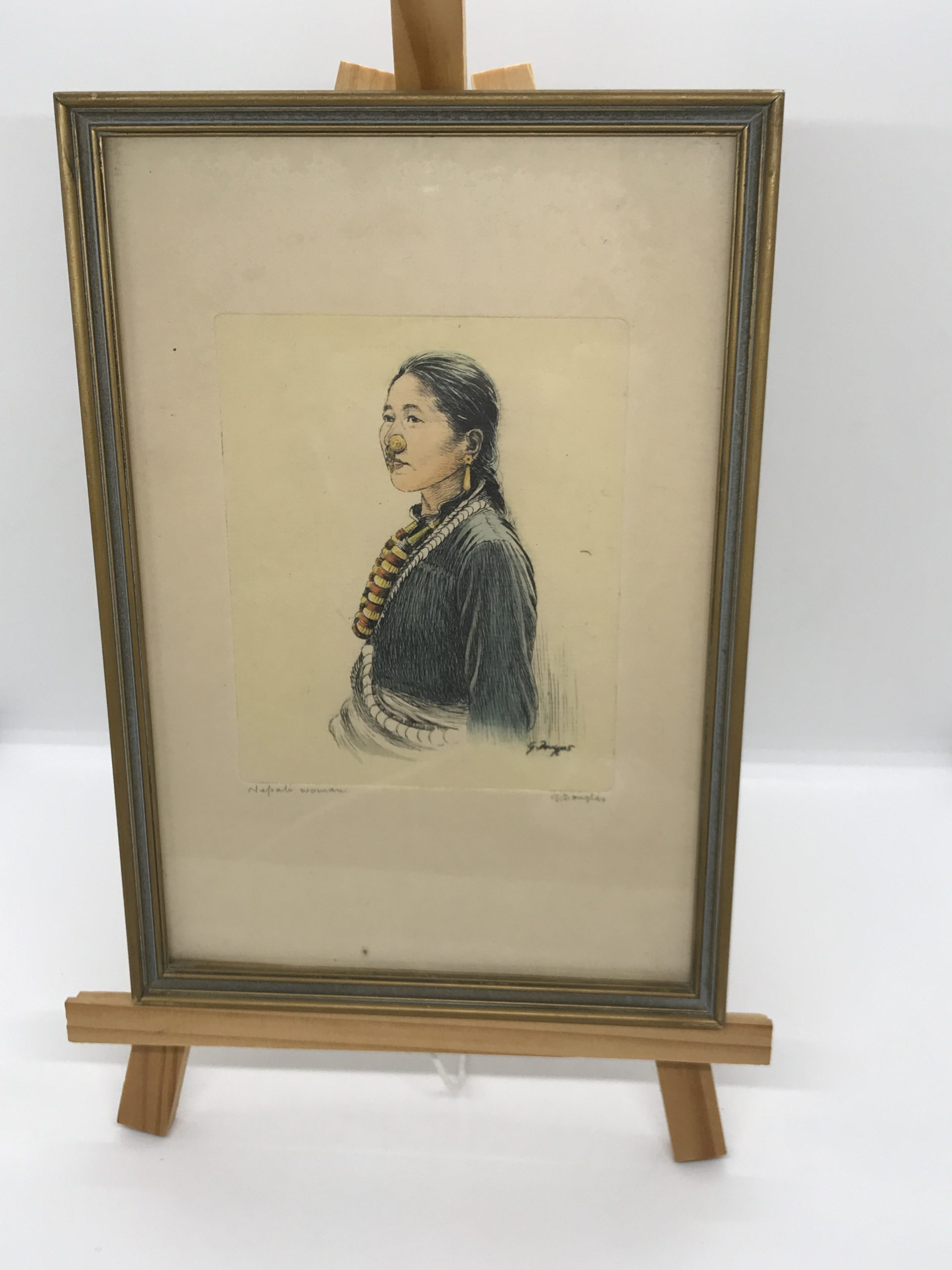 Vintage Goray Douglas (19201976) Signed Tinted Etching Tibetan Portrait Painting Nepali Woman