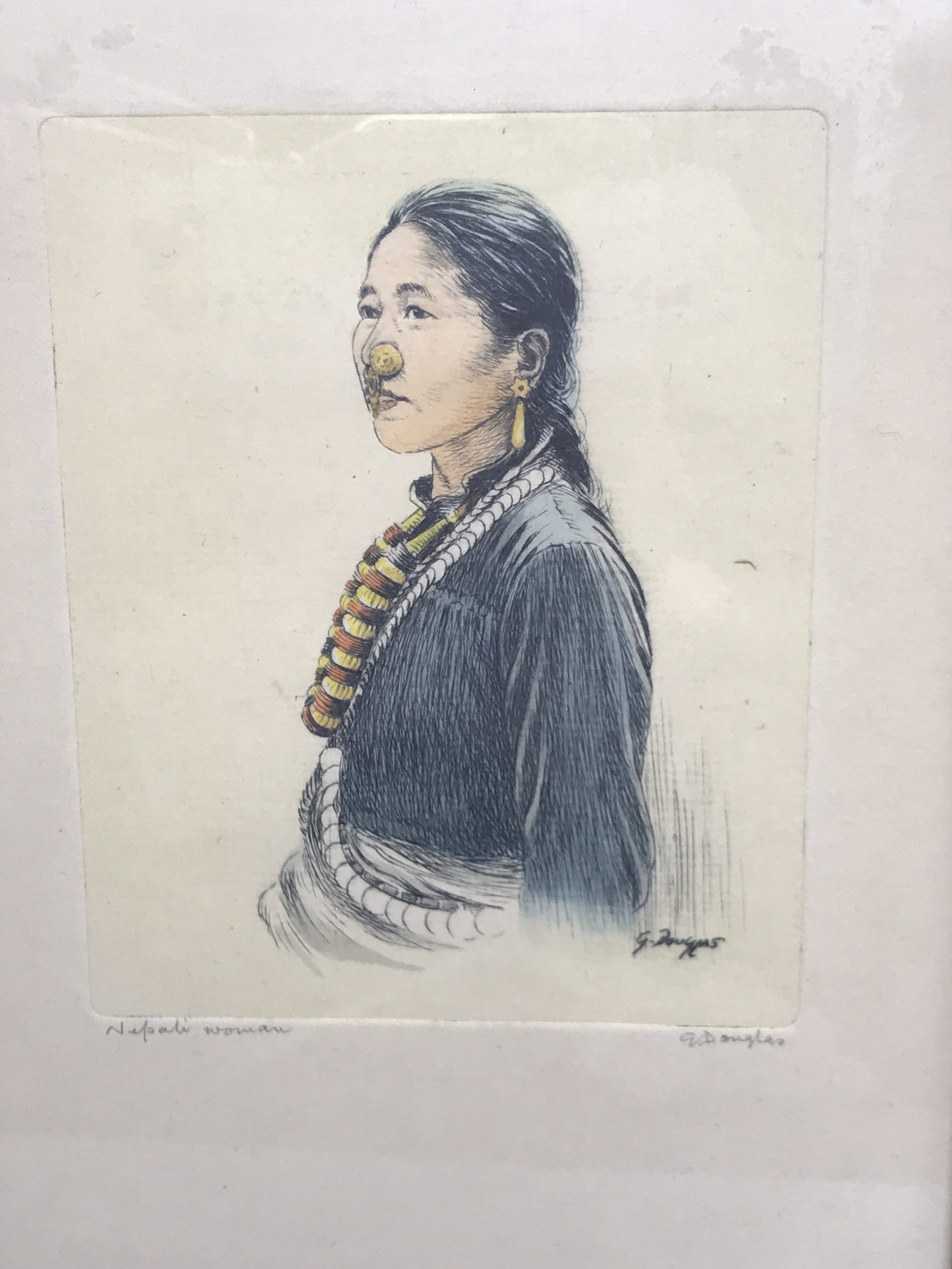 Vintage Goray Douglas (19201976) Signed Tinted Etching Tibetan Portrait Painting Nepali Woman