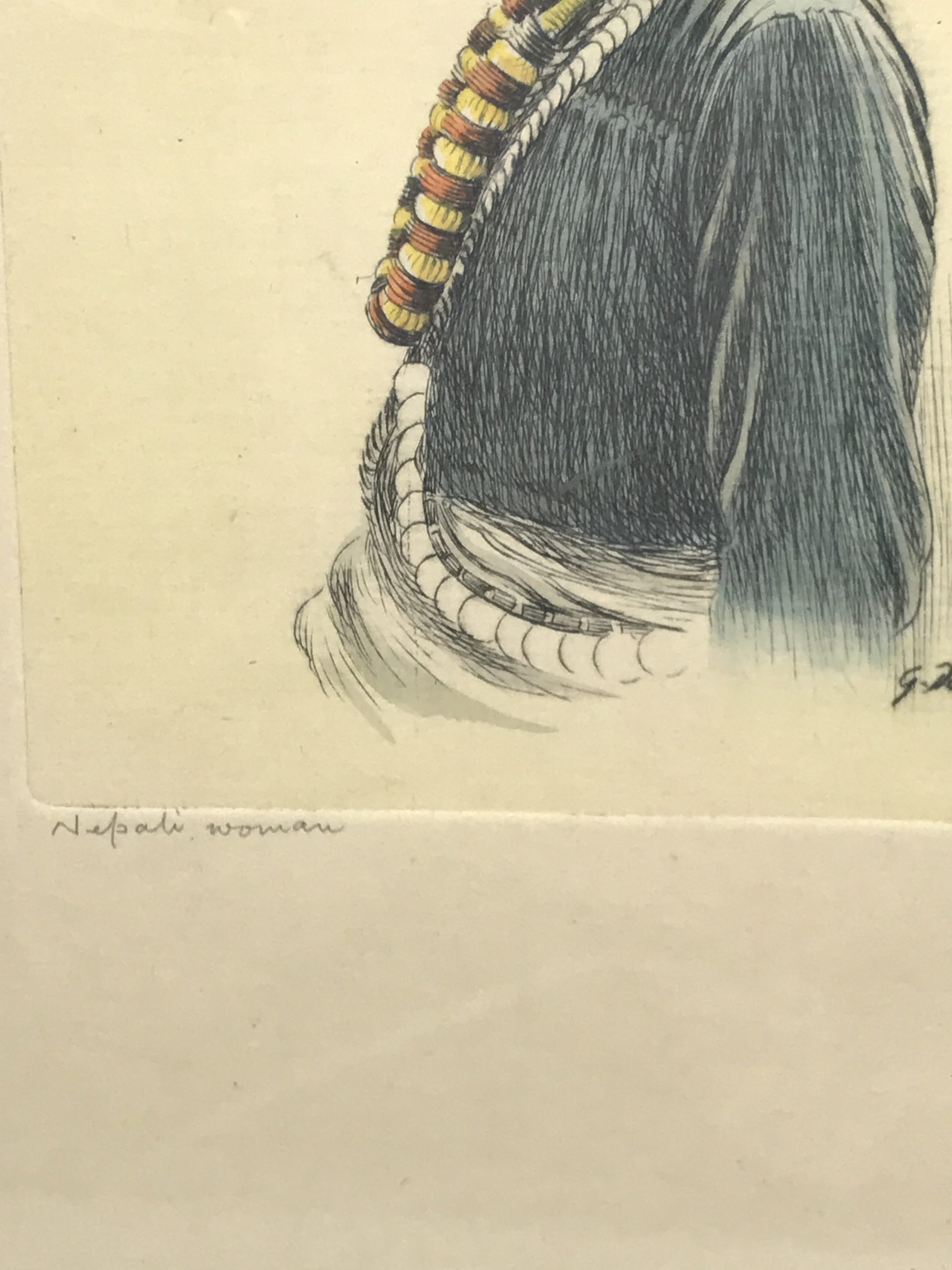 Vintage Goray Douglas (19201976) Signed Tinted Etching Tibetan Portrait Painting Nepali Woman