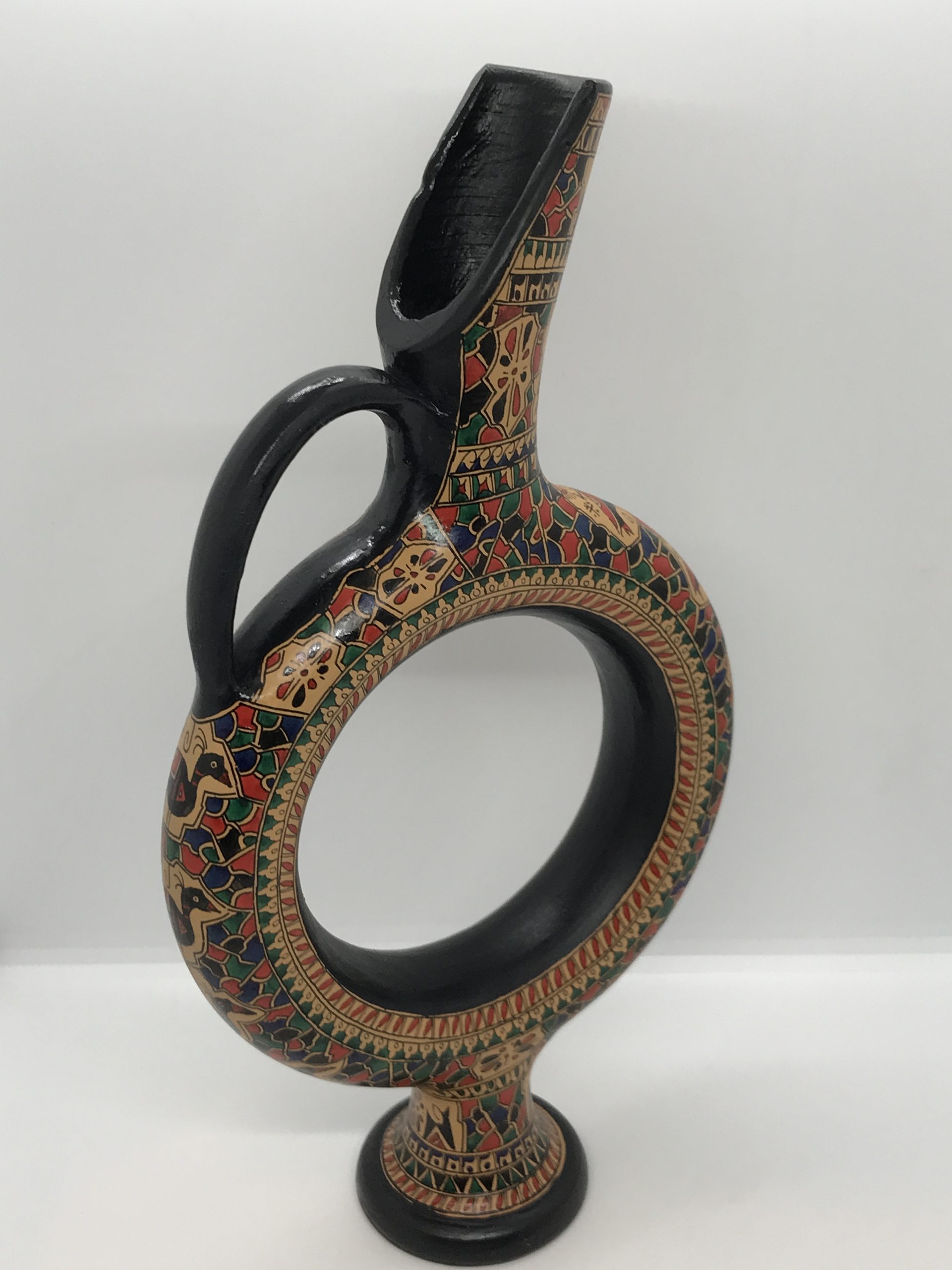 Geometric Flask Vintage (signed) Hittite Ring Shaped Pottery Flask or Jug with ...