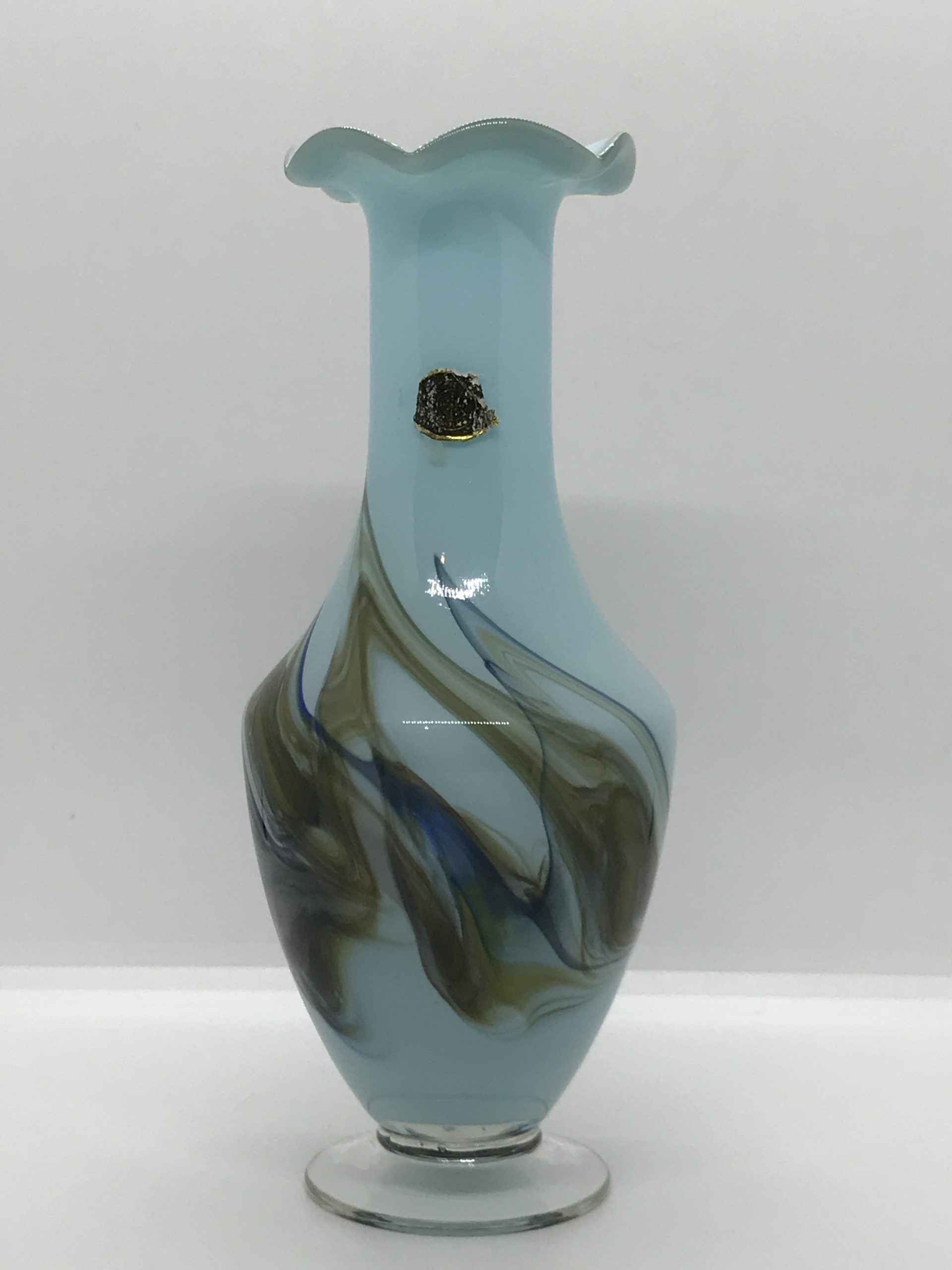 Vintage 1950s Dalian Snowflakes Blown Art Glass Blue Swirl Vase Ruffle Top 21cm tall