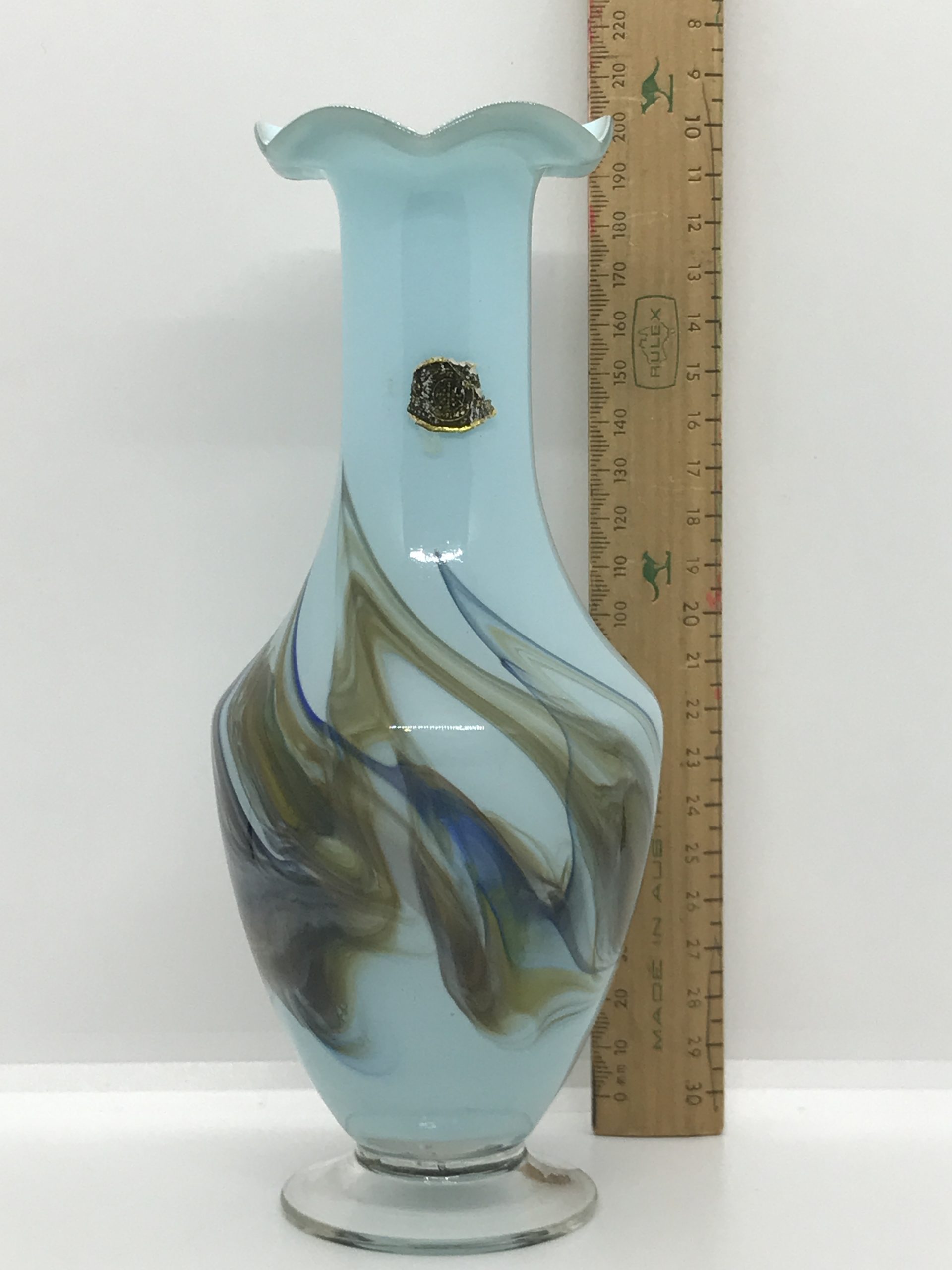 Vintage 1950s Dalian Snowflakes Blown Art Glass Blue Swirl Vase Ruffle Top 21cm tall