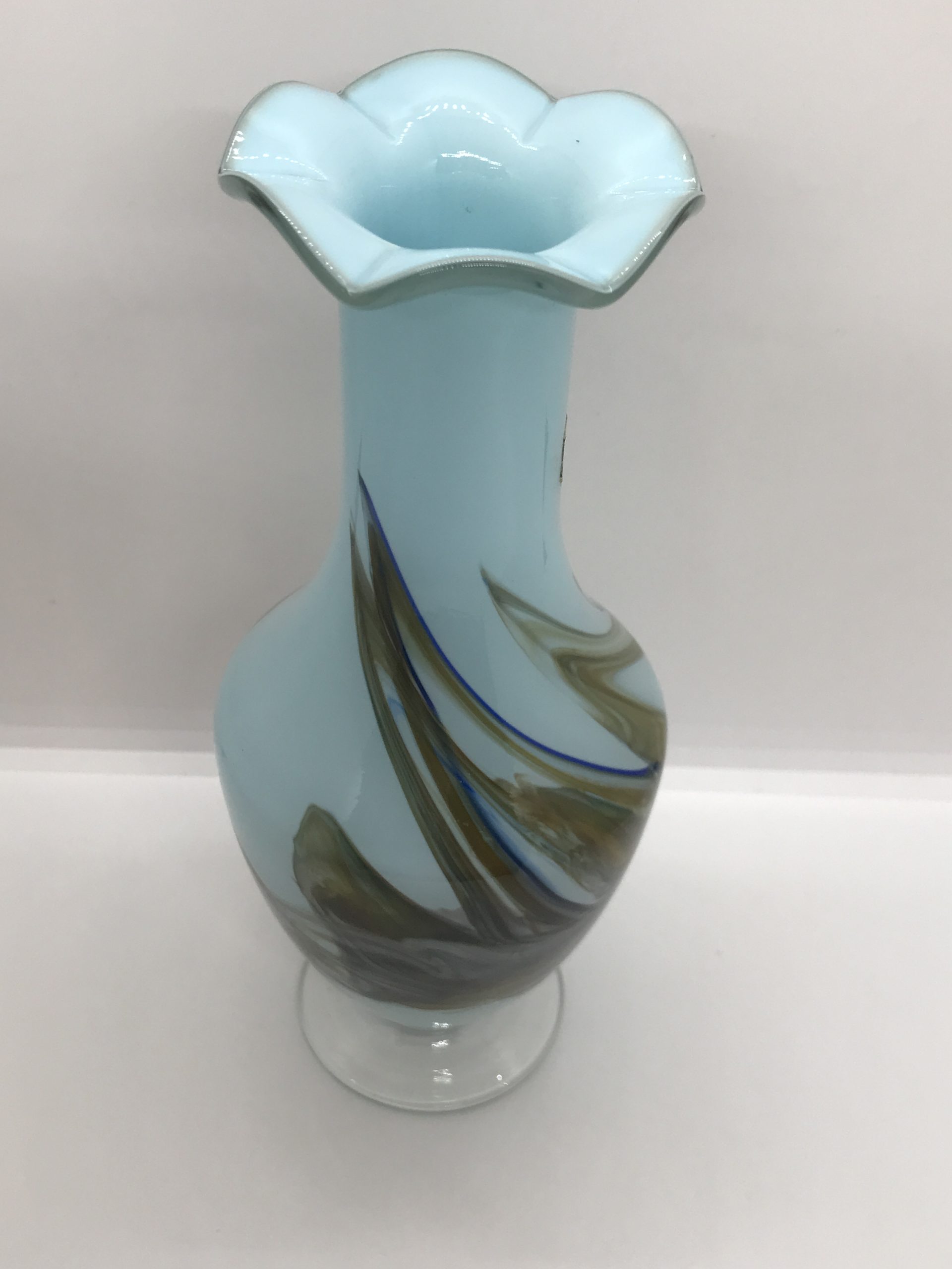 Vintage 1950s Dalian Snowflakes Blown Art Glass Blue Swirl Vase Ruffle Top 21cm tall
