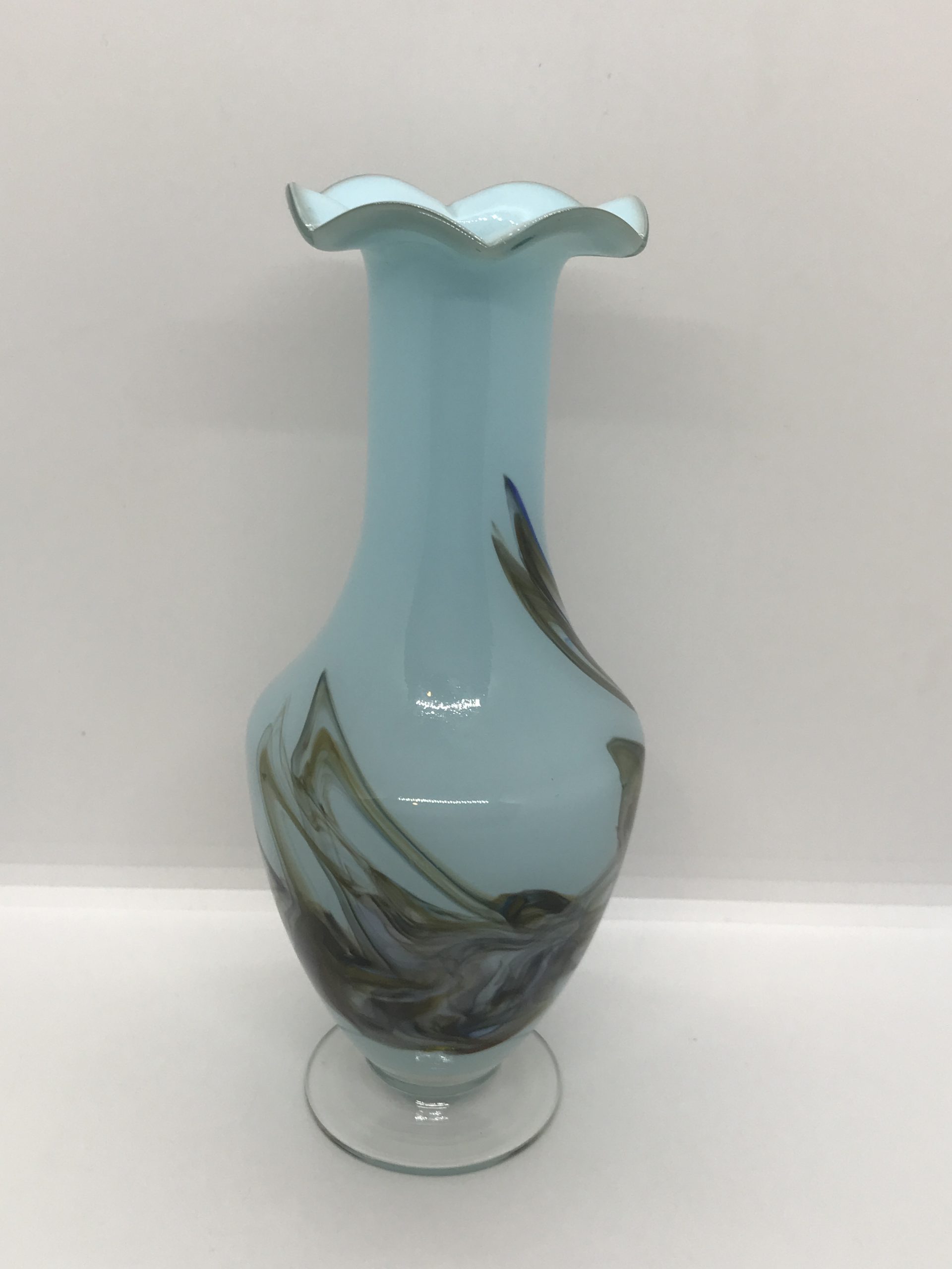 Vintage 1950s Dalian Snowflakes Blown Art Glass Blue Swirl Vase Ruffle Top 21cm tall