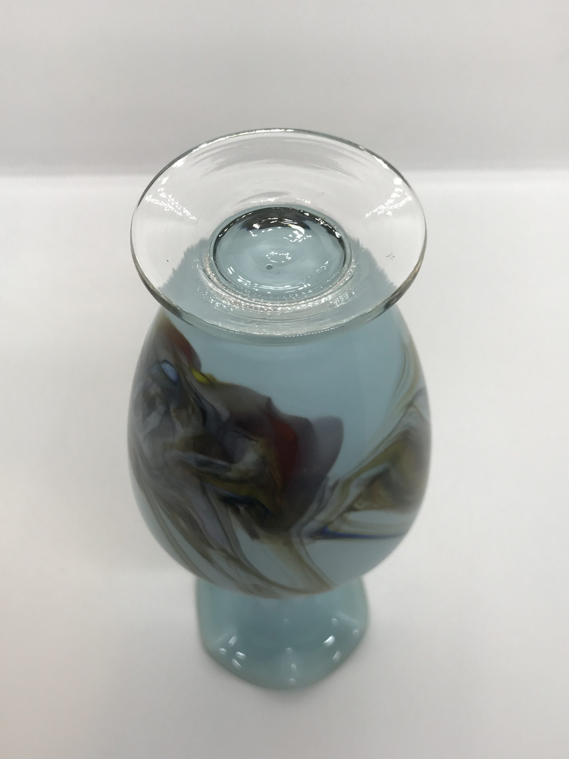 Vintage 1950s Dalian Snowflakes Blown Art Glass Blue Swirl Vase Ruffle Top 21cm tall