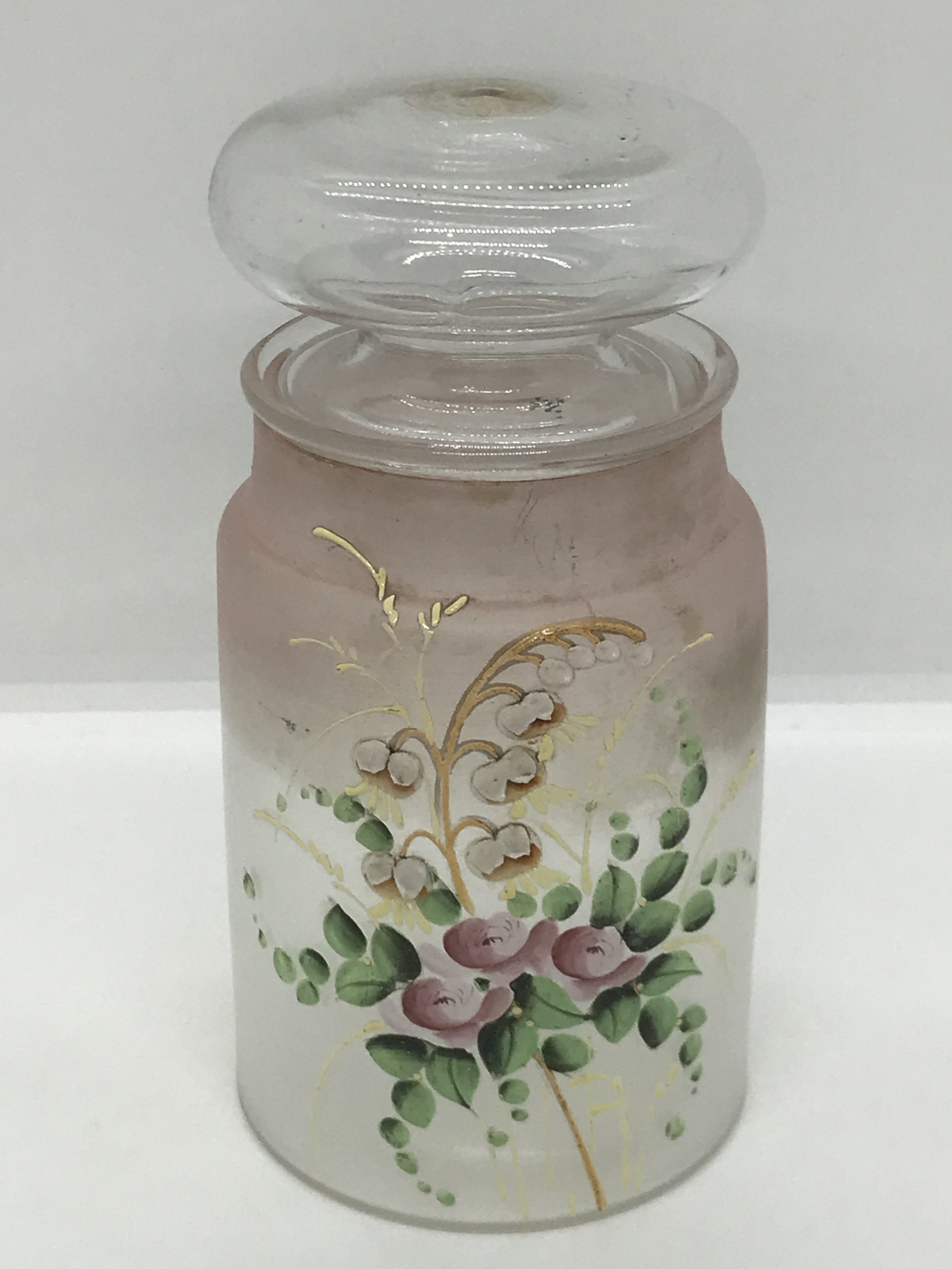Victorian Blown Glass with Raised Enamel Flowers Pink Covered Jar with Lid (Large Stopper) 17cm