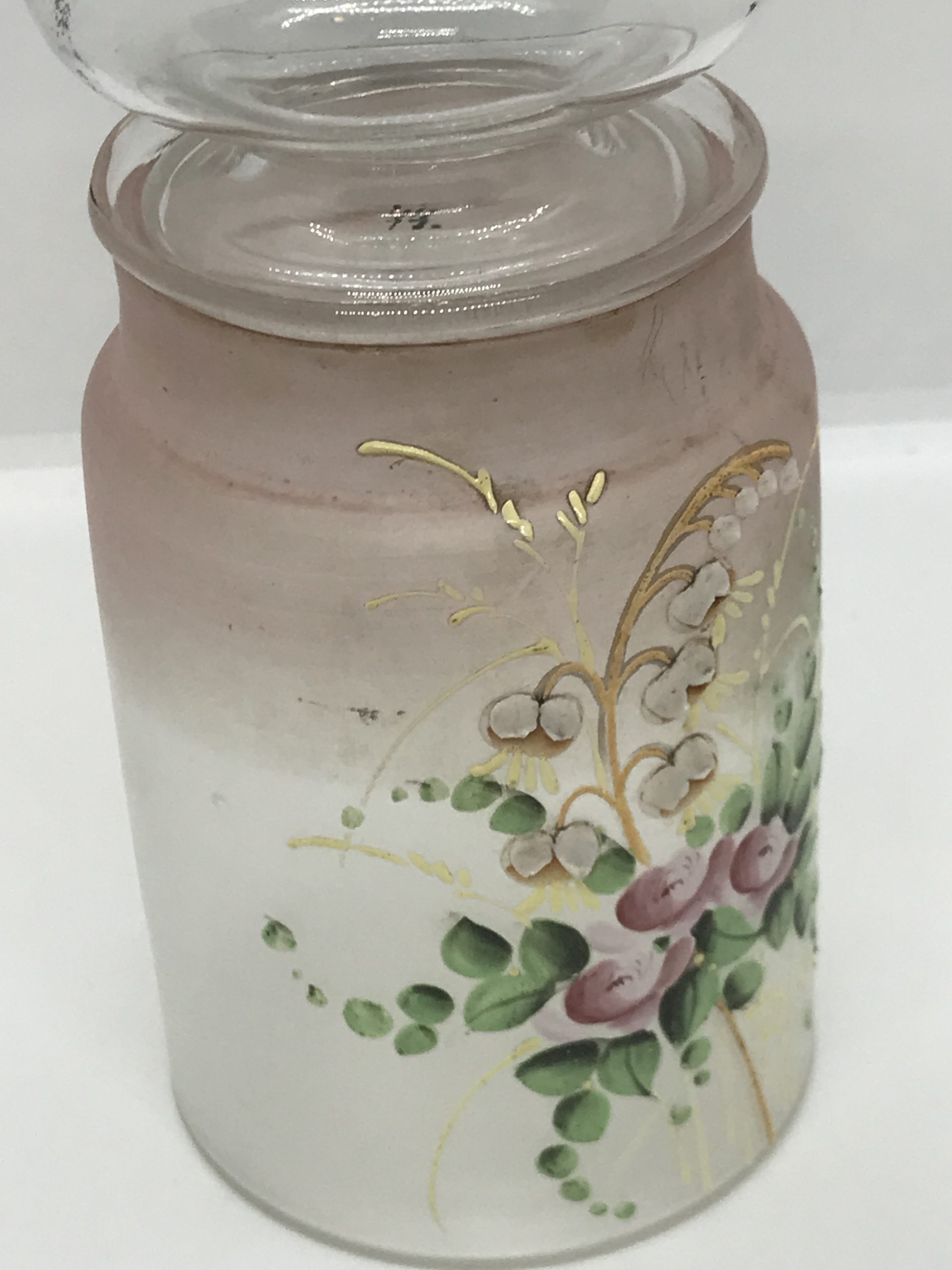 Victorian Blown Glass with Raised Enamel Flowers Pink Covered Jar with Lid (Large Stopper) 17cm