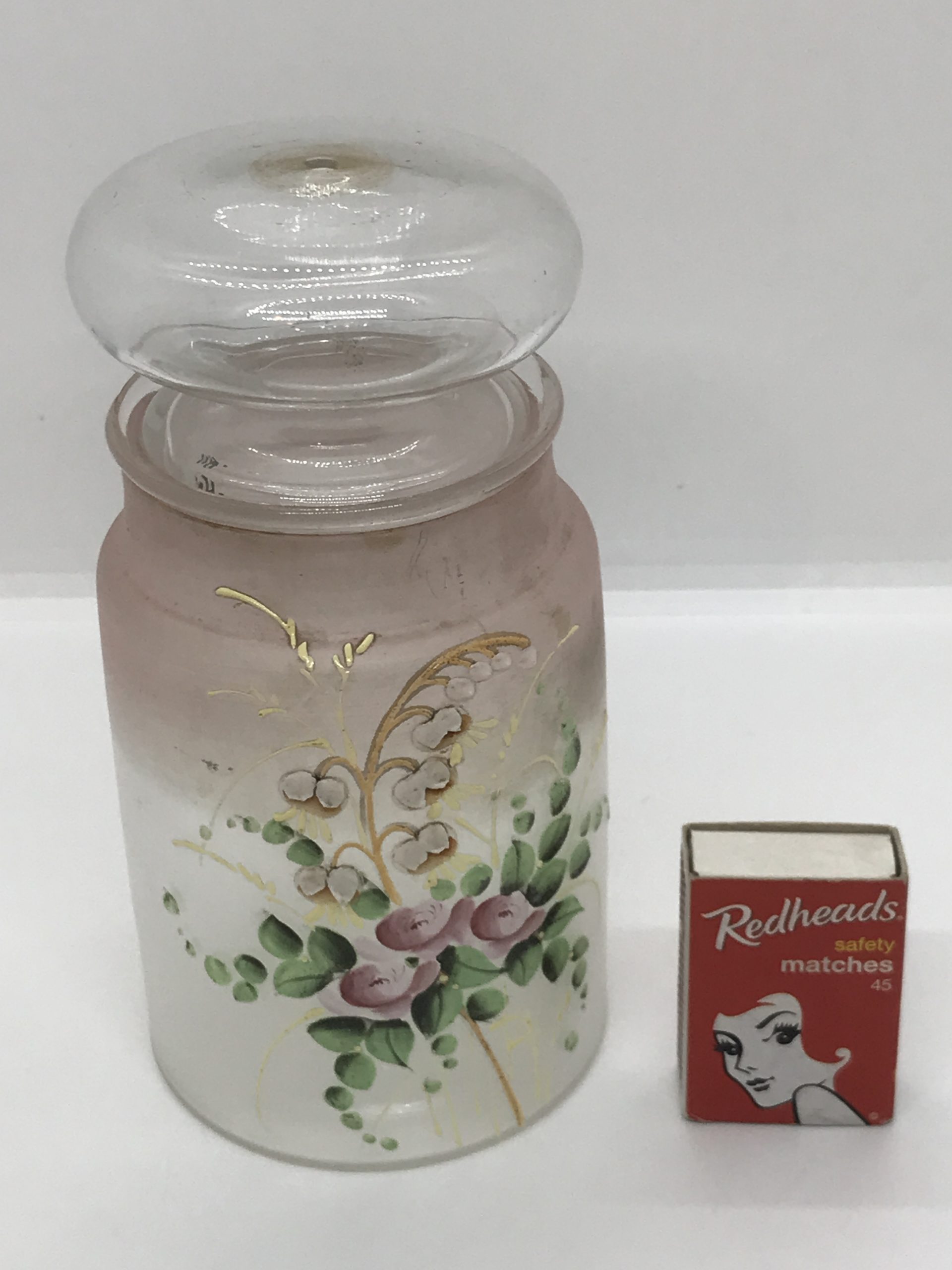 Victorian Blown Glass with Raised Enamel Flowers Pink Covered Jar with Lid (Large Stopper) 17cm