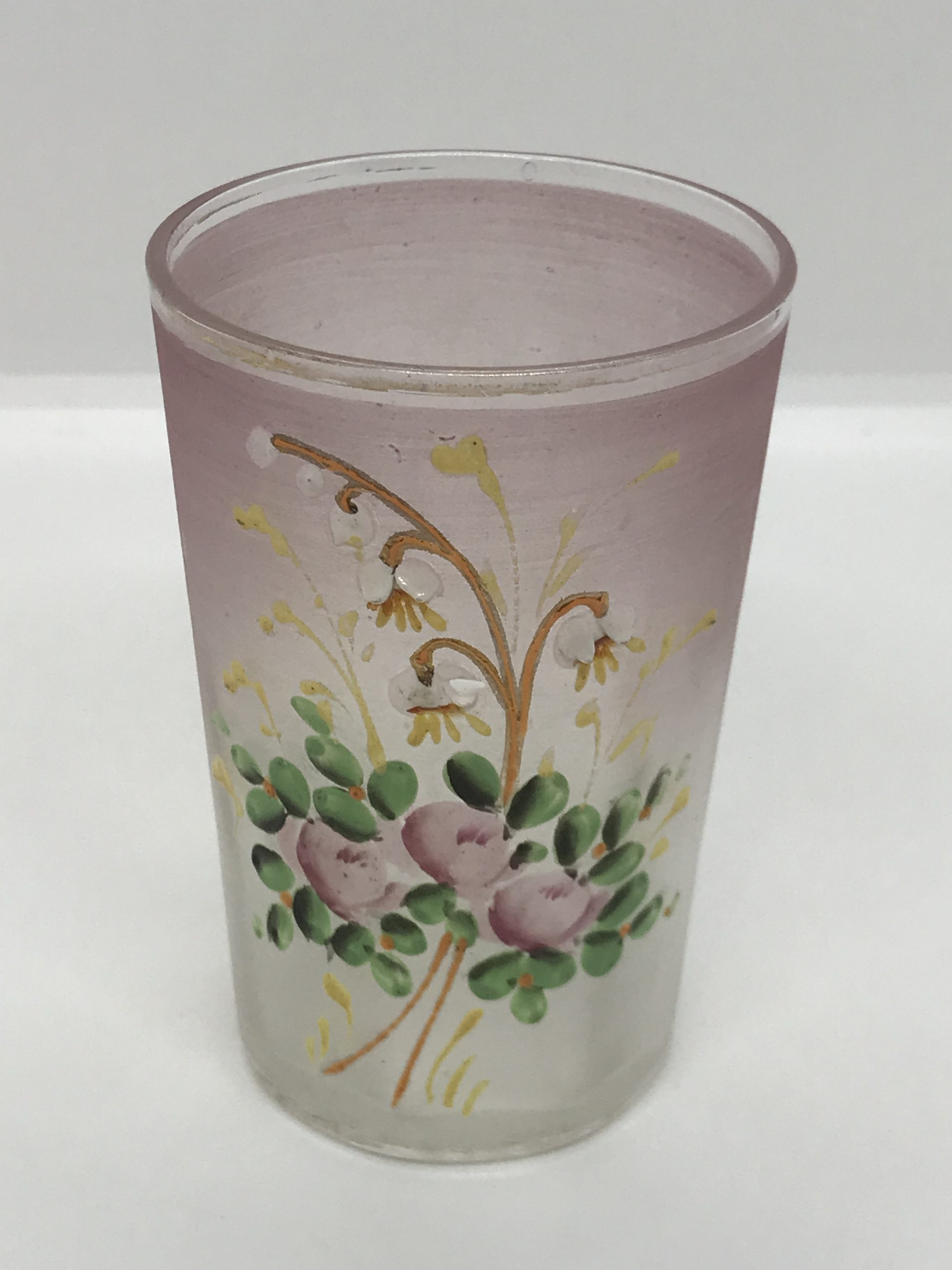 Victorian Blown Glass with Raised Enamel Flowers Pink Drinking Glass (Smaller)