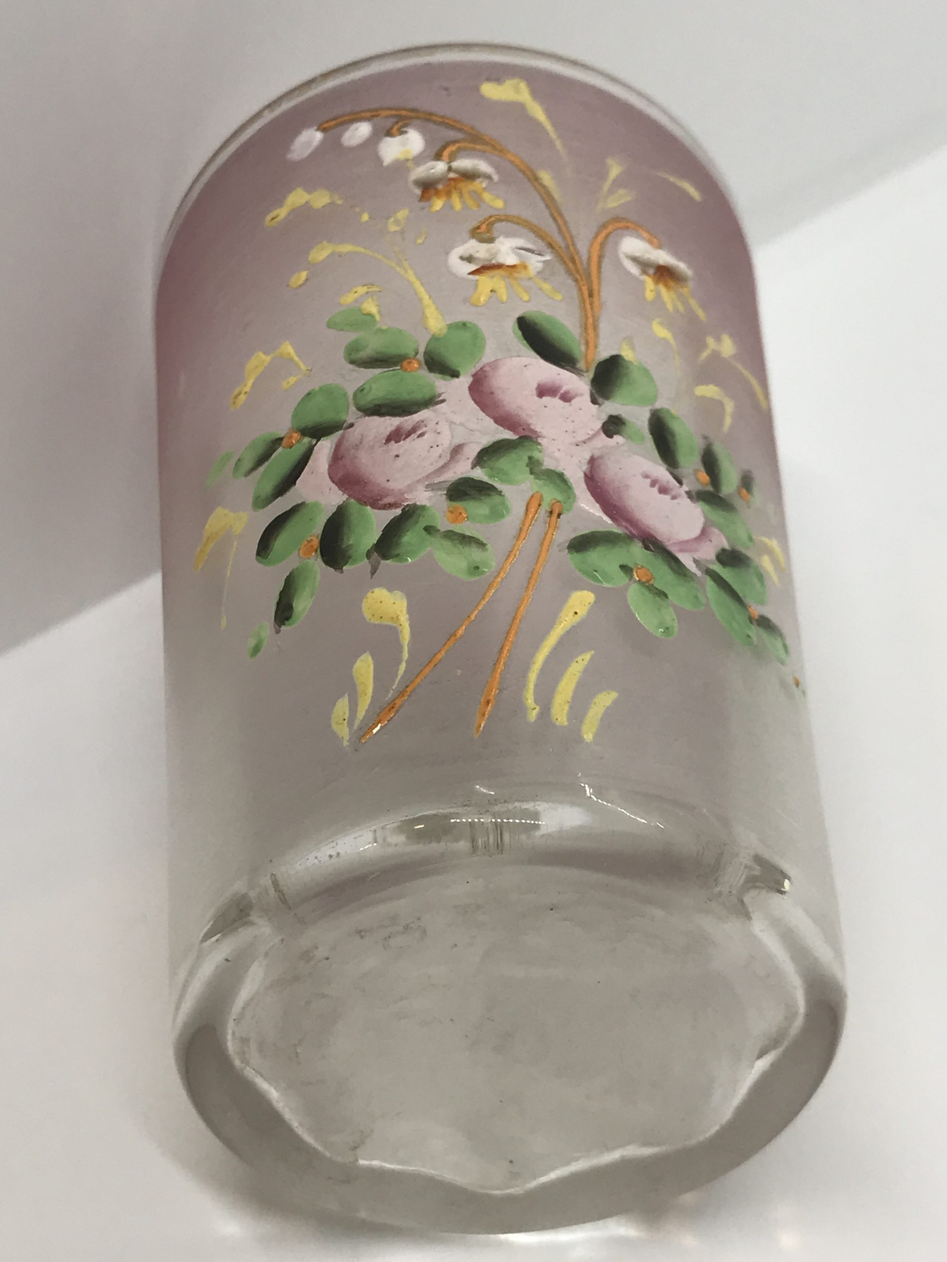 Victorian Blown Glass with Raised Enamel Flowers Pink Drinking Glass (Smaller)