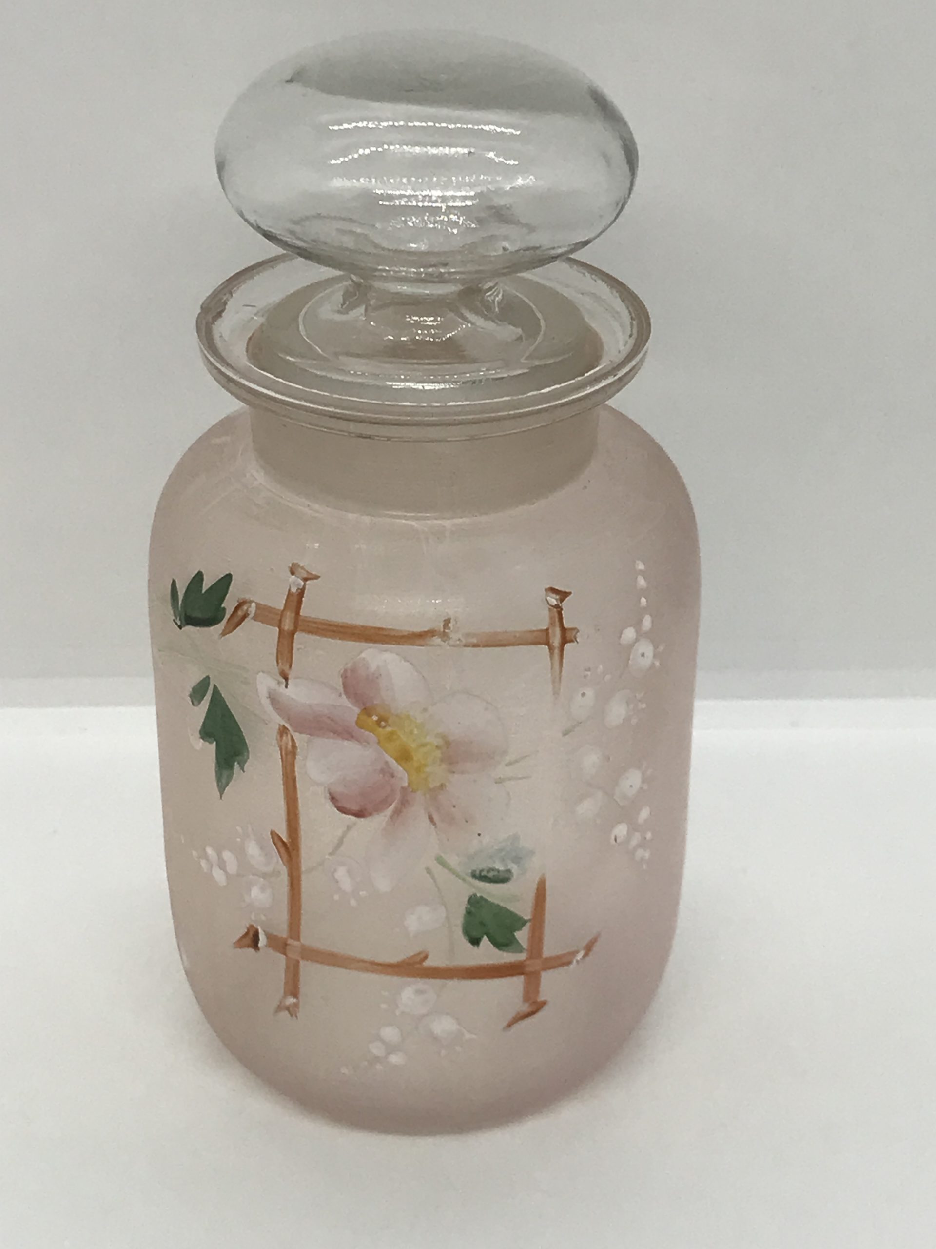 Victorian Blown Glass with Raised Enamel Flowers Pink Covered Jar with lid 18cm