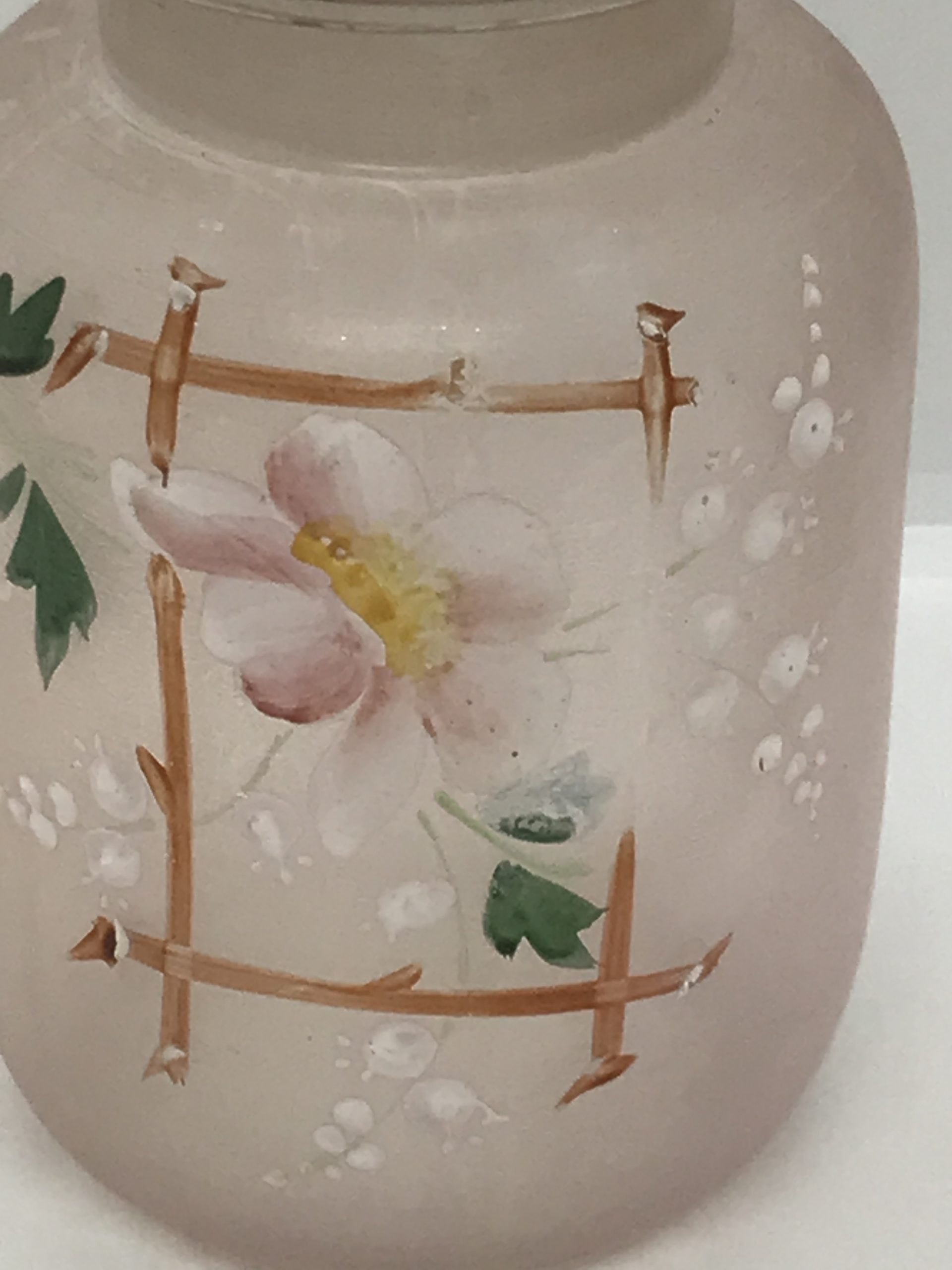 Victorian Blown Glass with Raised Enamel Flowers Pink Covered Jar with lid 18cm