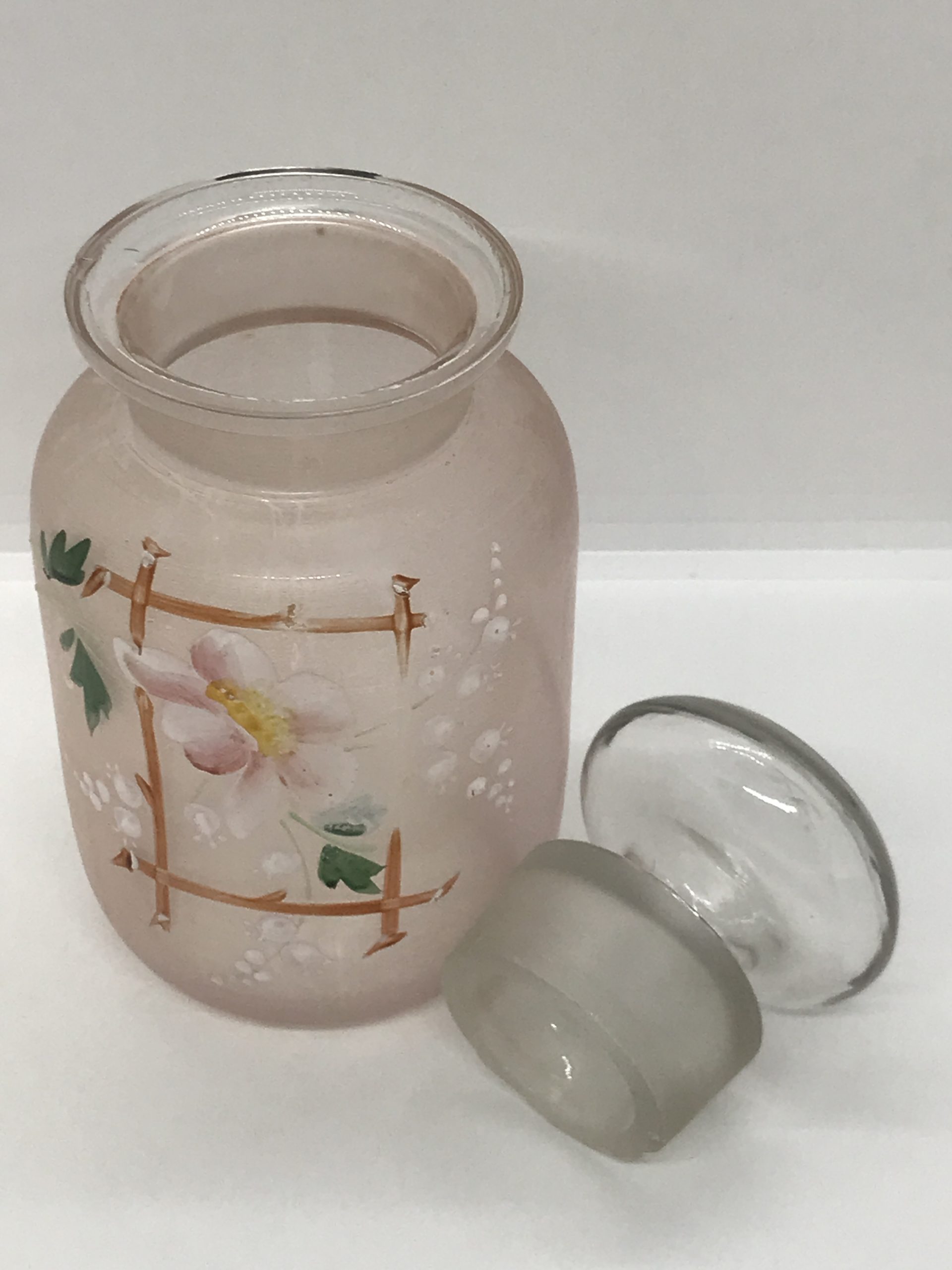 Victorian Blown Glass with Raised Enamel Flowers Pink Covered Jar with lid 18cm