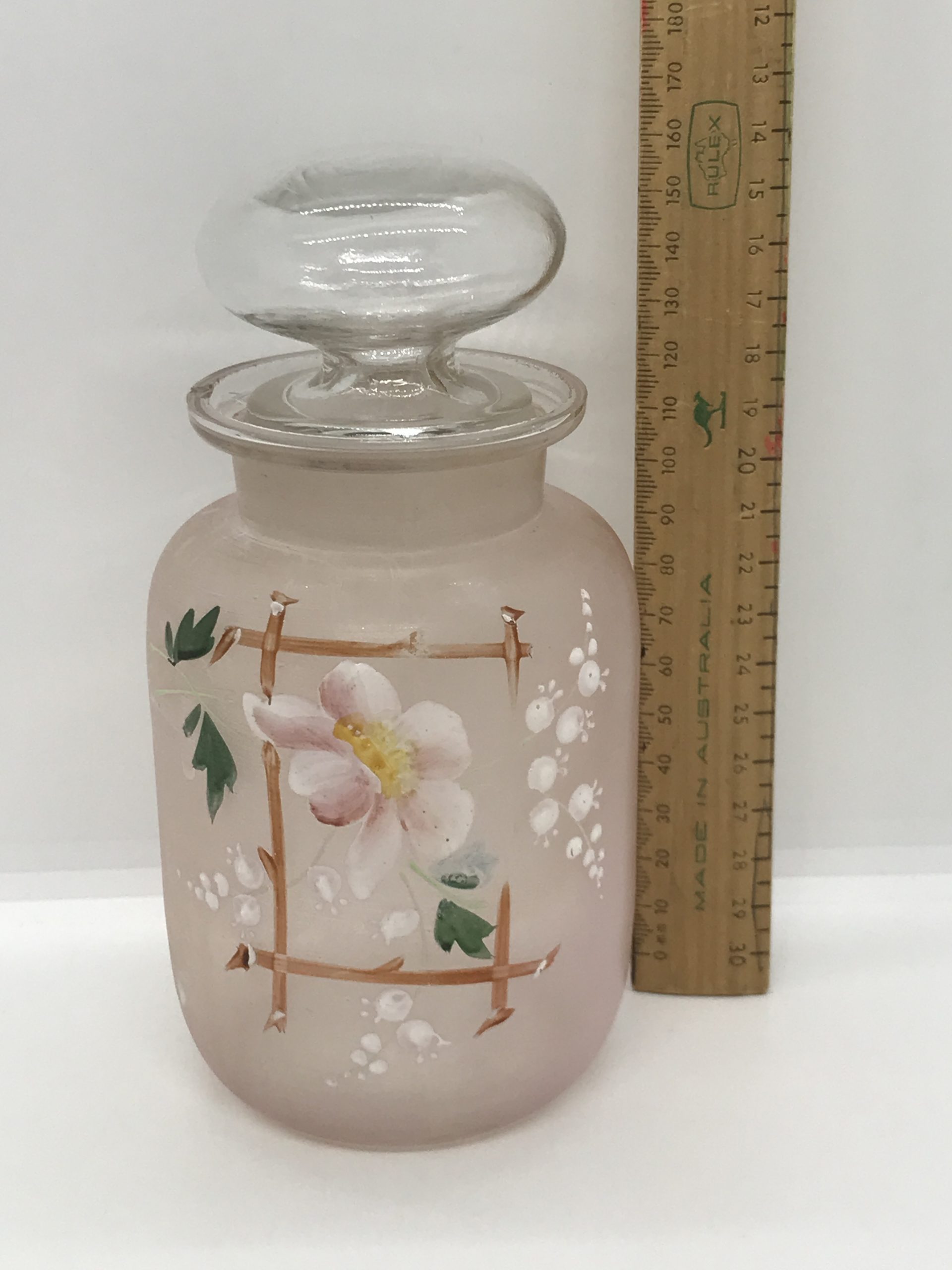 Victorian Blown Glass with Raised Enamel Flowers Pink Covered Jar with lid 18cm