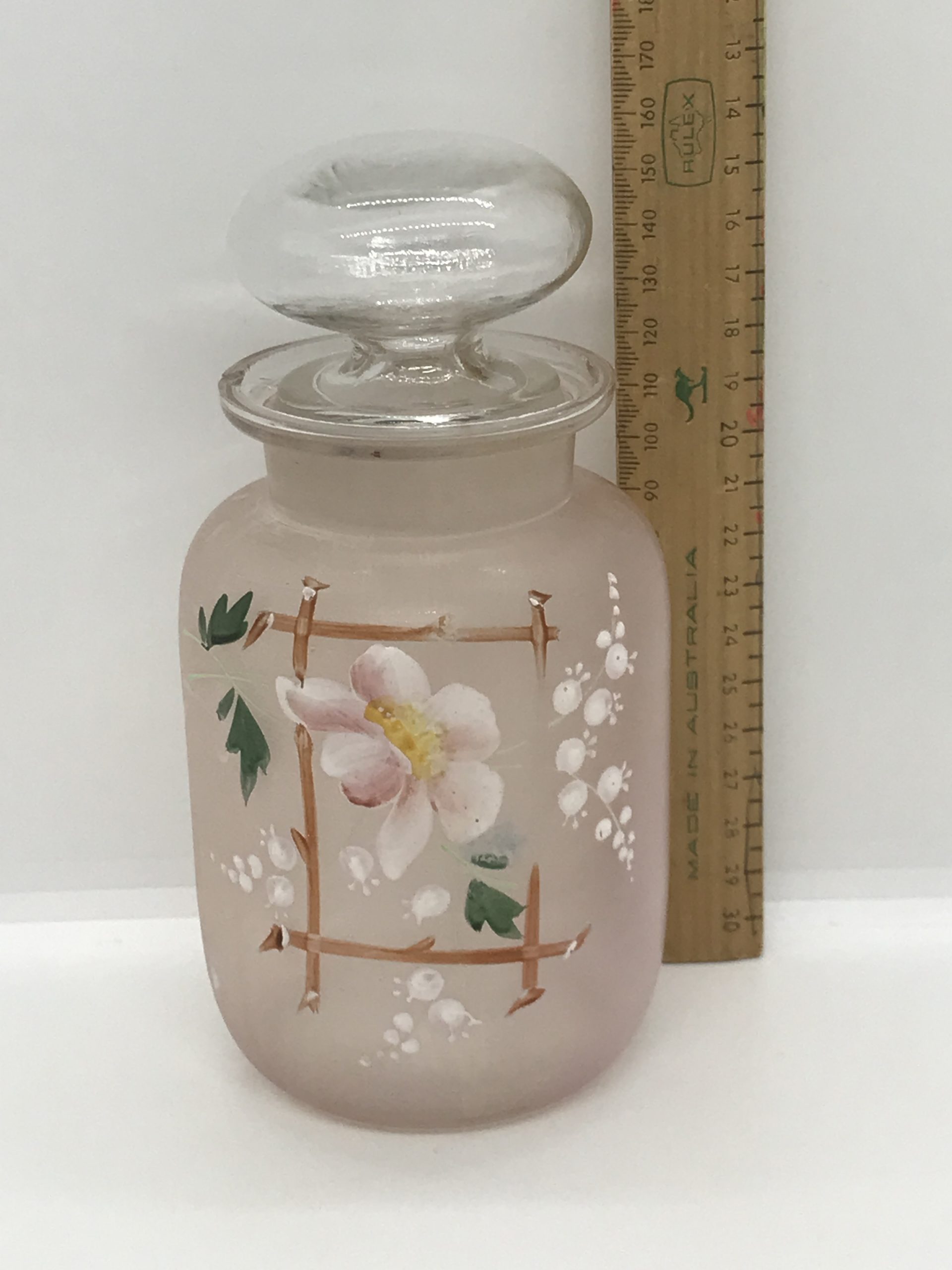 Victorian Blown Glass with Raised Enamel Flowers Pink Covered Jar with lid 18cm