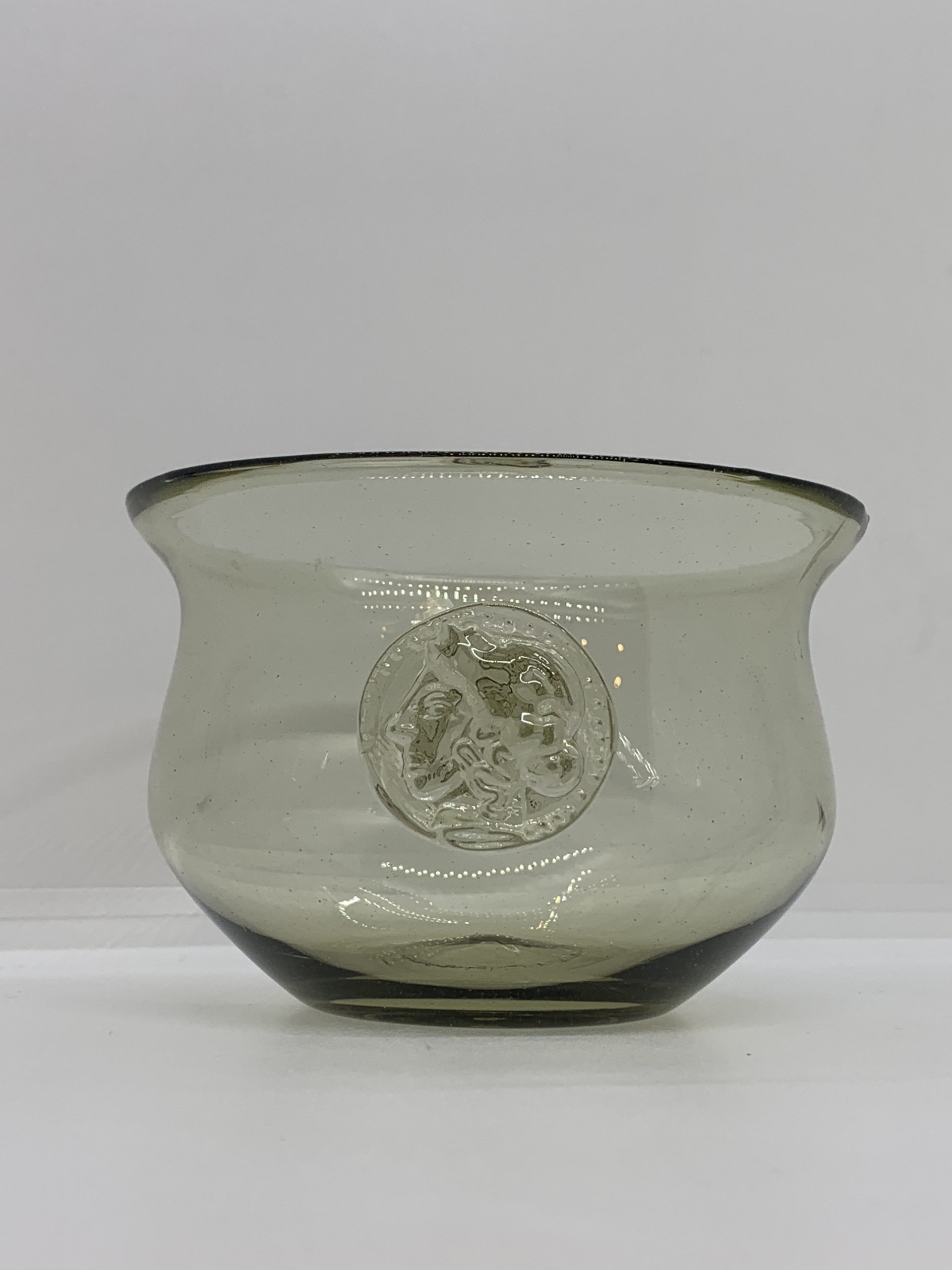 Unusual Hand Blown Glass Bowl with Coin Prunts - likely Blenko - approx 8cm high