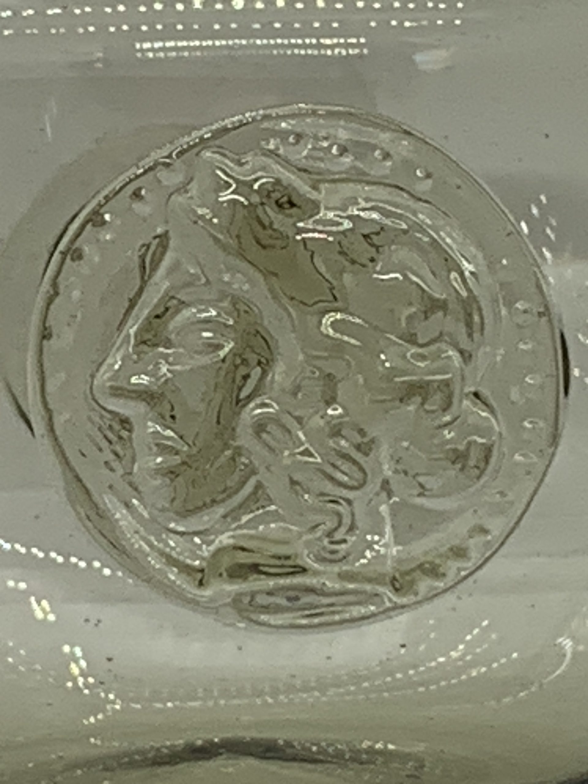 Unusual Hand Blown Glass Bowl with Coin Prunts - likely Blenko - approx 8cm high