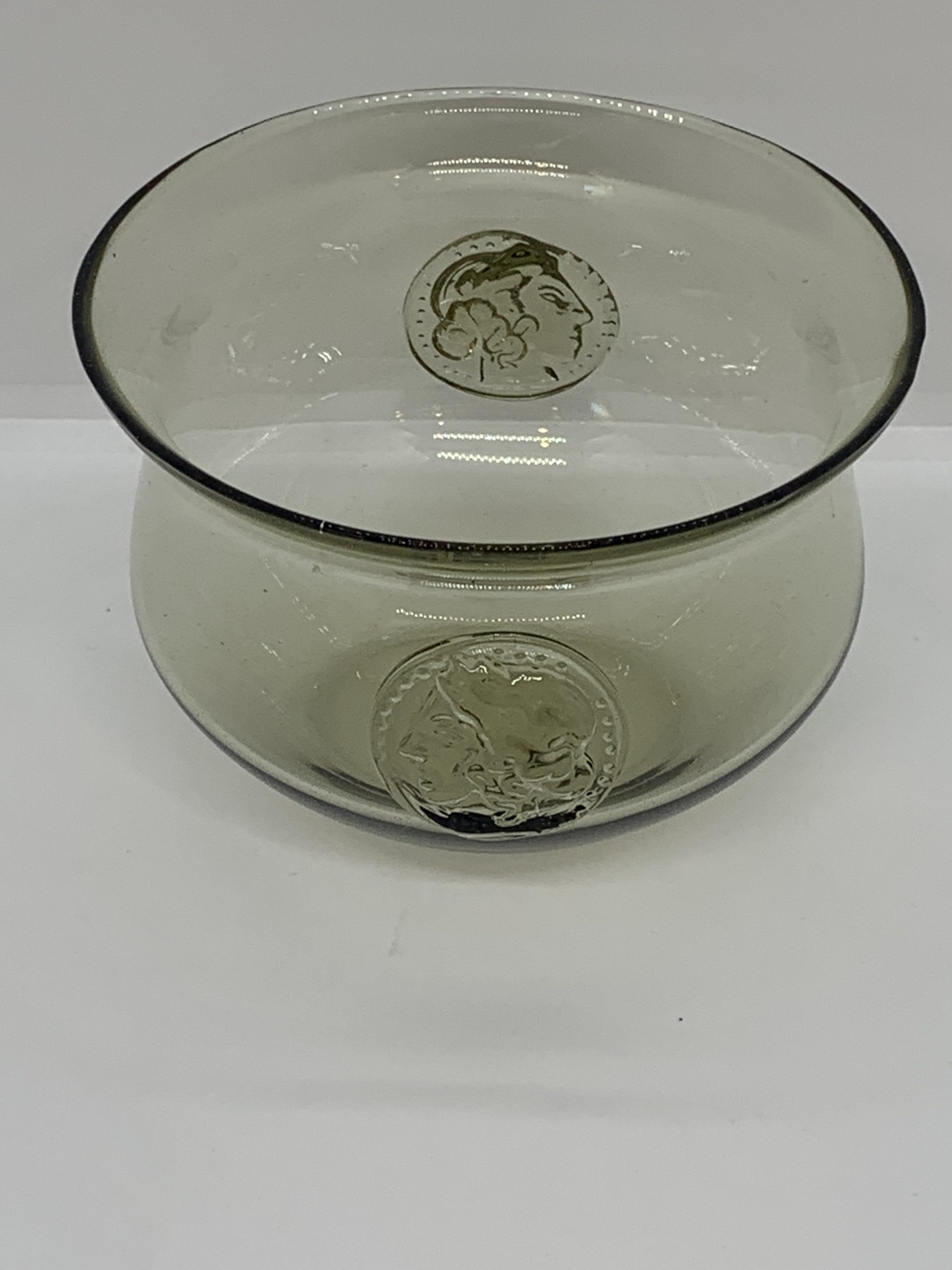 Unusual Hand Blown Glass Bowl with Coin Prunts - likely Blenko - approx 8cm high