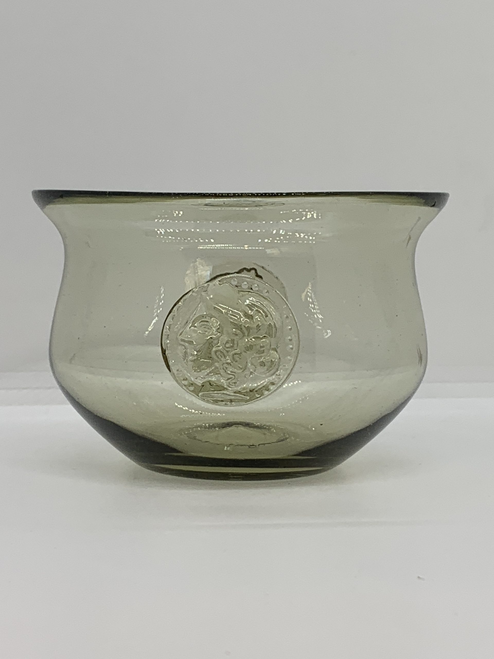 Unusual Hand Blown Glass Bowl with Coin Prunts - likely Blenko - approx 8cm high