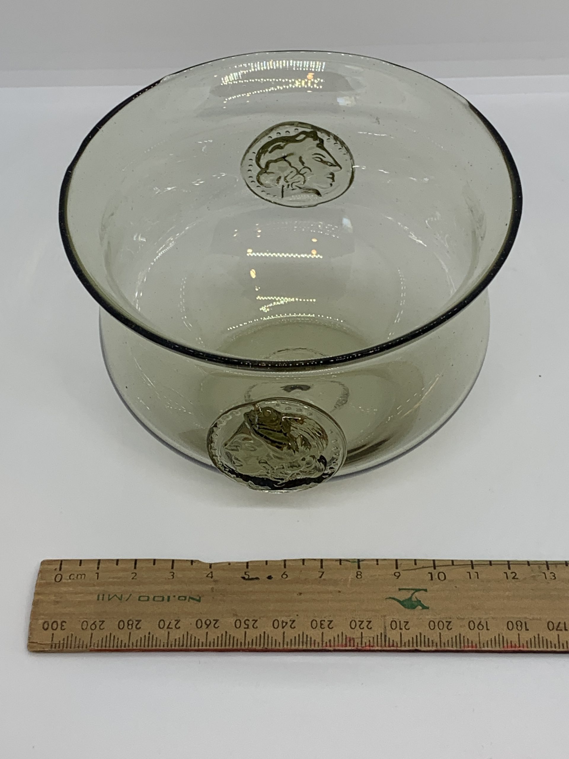 Unusual Hand Blown Glass Bowl with Coin Prunts - likely Blenko - approx 8cm high
