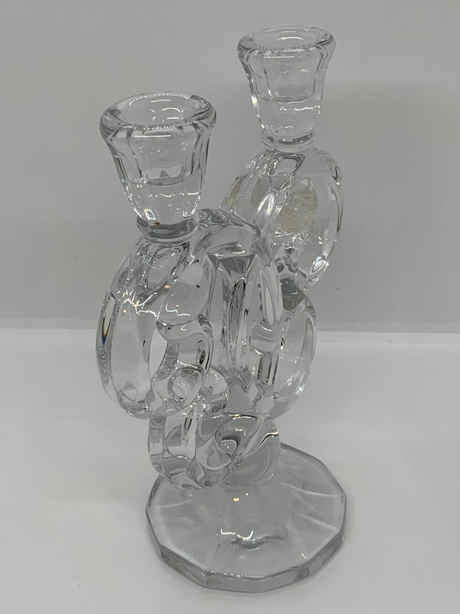 Vintage Art Vannes Le Chatel Lead Crystal Double Candle Holder - Made in France c1960s - 21cm tall