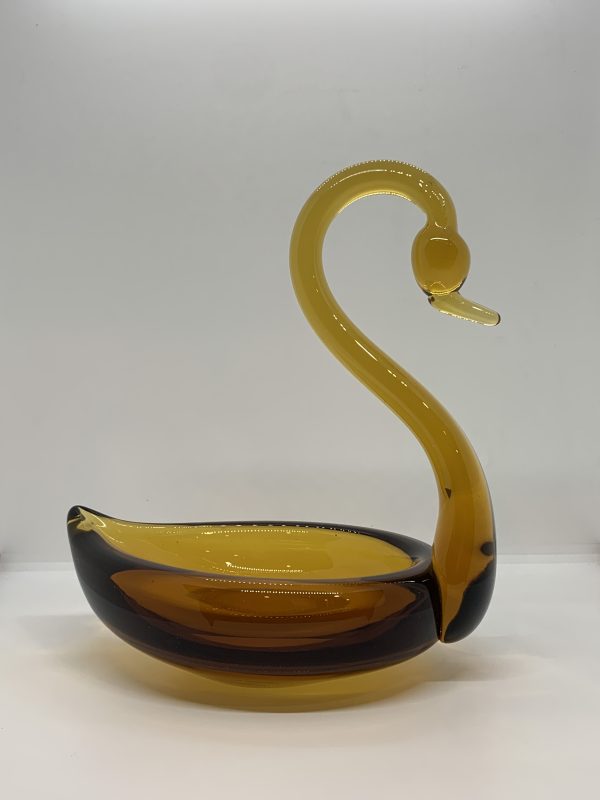 Vintage Amber Bohemia Art Glass Swan Bowl 24cm long Vintage Keepsakes