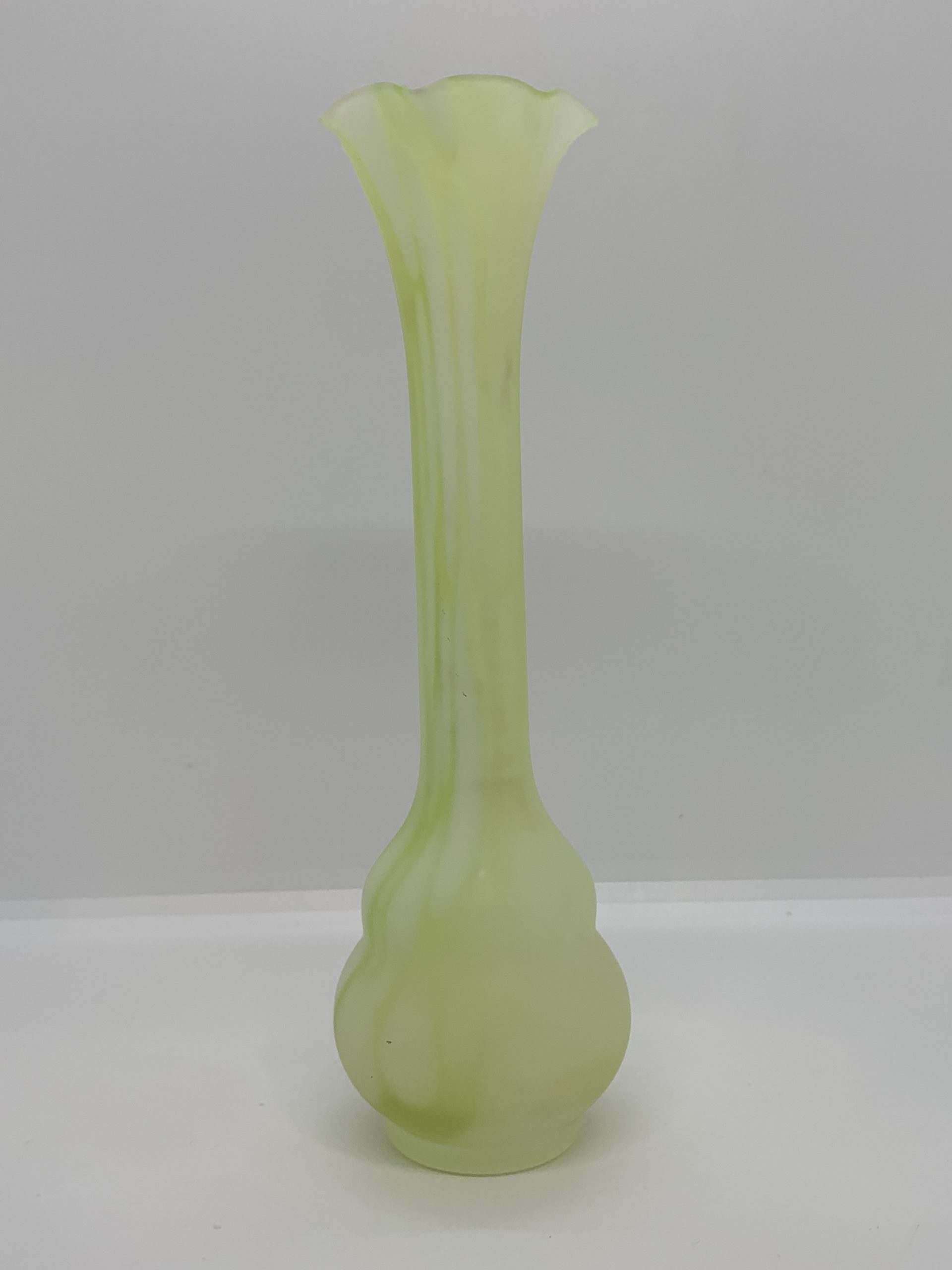 Lime Green Glass Vase with Ruffled Edge and Mottled Colouring 21cm